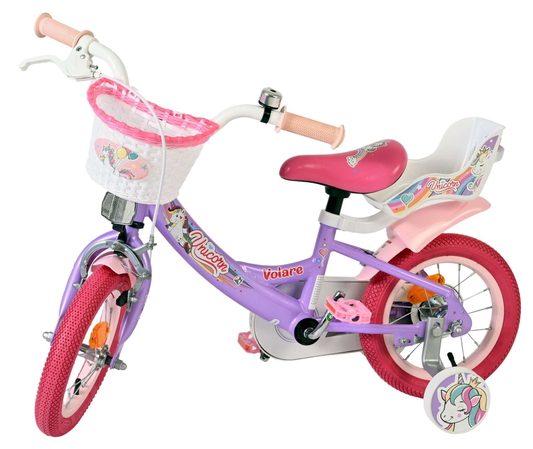 Lila Kinderfahrrad mit rosa Rädern, Korb und Einhorn-Motiven.
