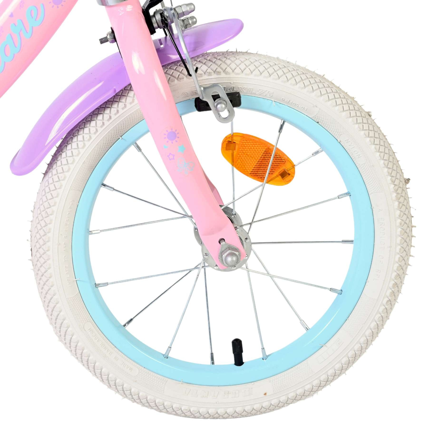 Rosa Fahrradgabel mit lila Schutzblech, weißem Reifen und hellblauem Felgenrand.