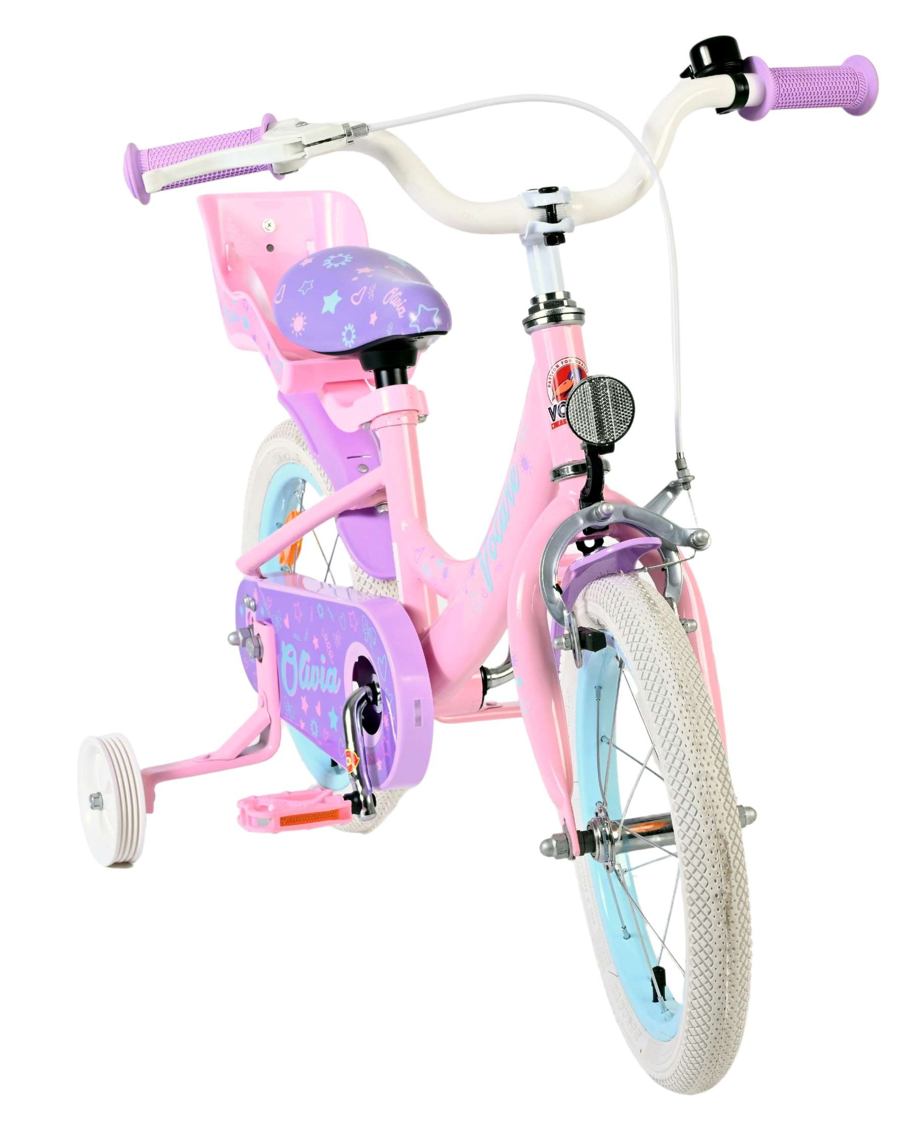 Ein rosafarbenes Kinderfahrrad mit Stützrädern, lila Akzenten und Sternenmotiven.