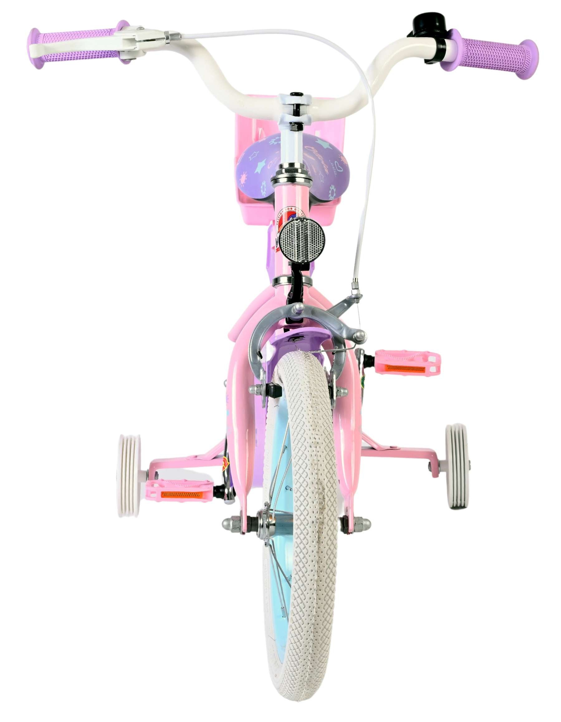 Ein rosa Kinderfahrrad mit Stützrädern und lila Griffen.