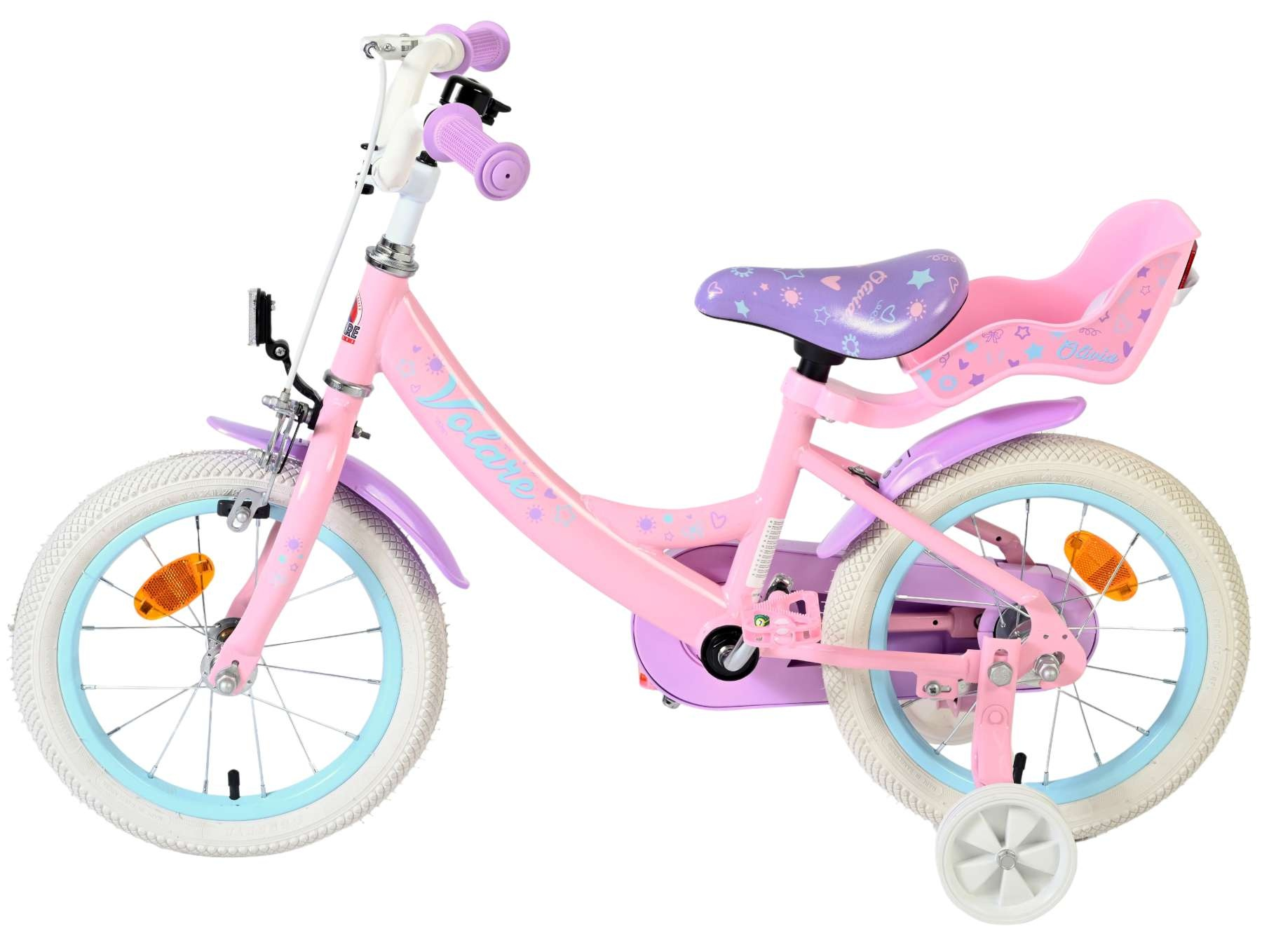 Ein pinkes Kinderfahrrad mit lila Akzenten, Stützrädern und einem Kindersitz.