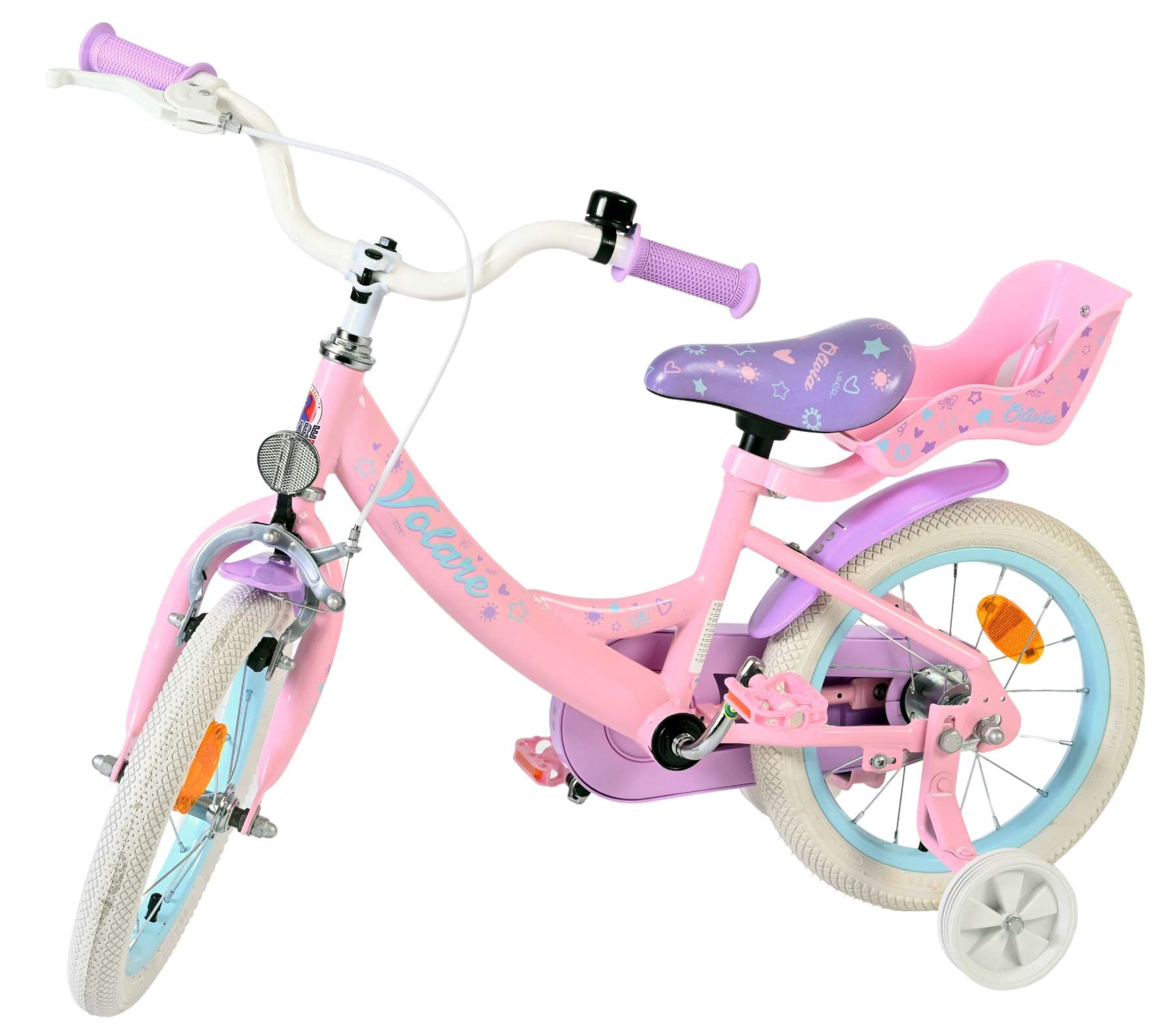 Ein rosa Kinderfahrrad mit Stützrädern und lila Akzenten.