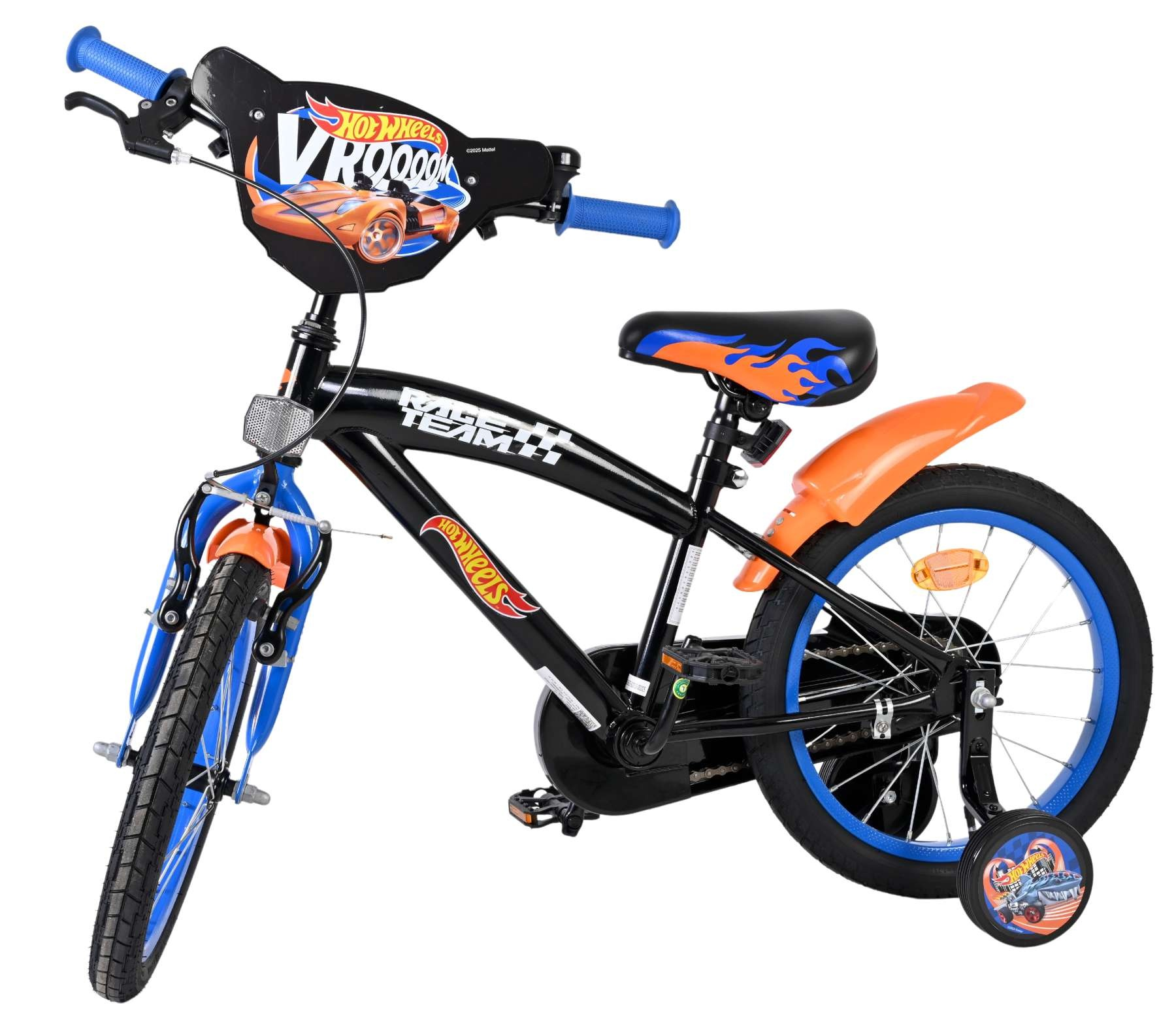 Ein schwarzes Hot Wheels Fahrrad mit blauen und orangen Akzenten und Stützrädern.