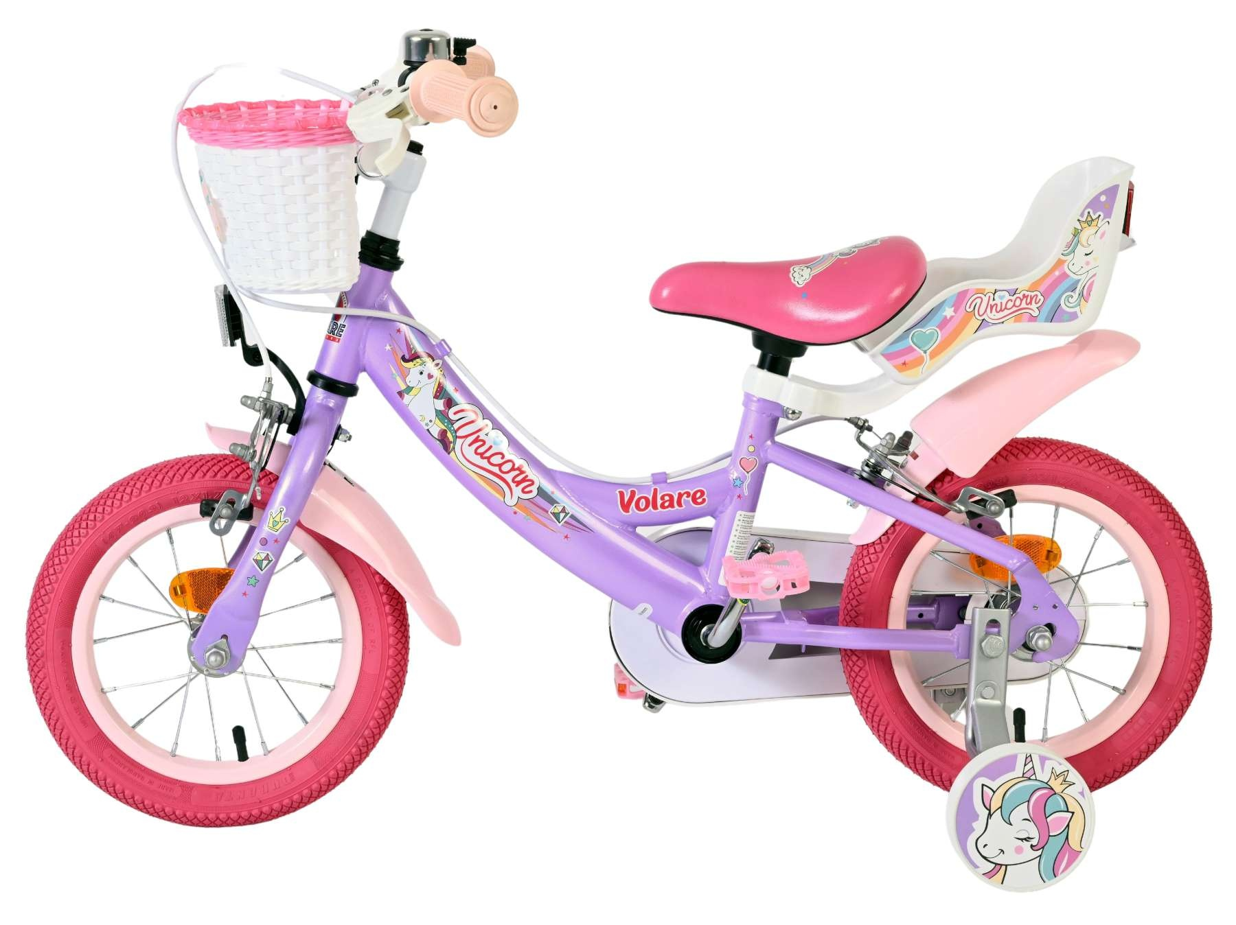 Lila Kinderfahrrad mit rosa Rädern, Korb und Einhorn-Motiv.