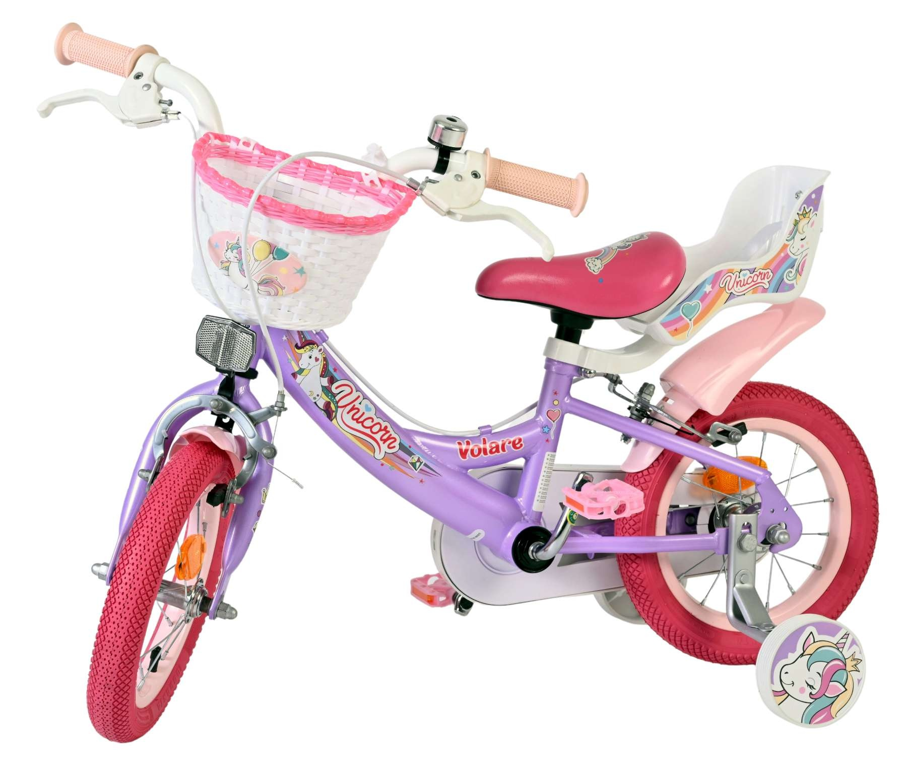 Lila Kinderfahrrad mit rosa Rädern, Korb und Einhorn-Motiven.