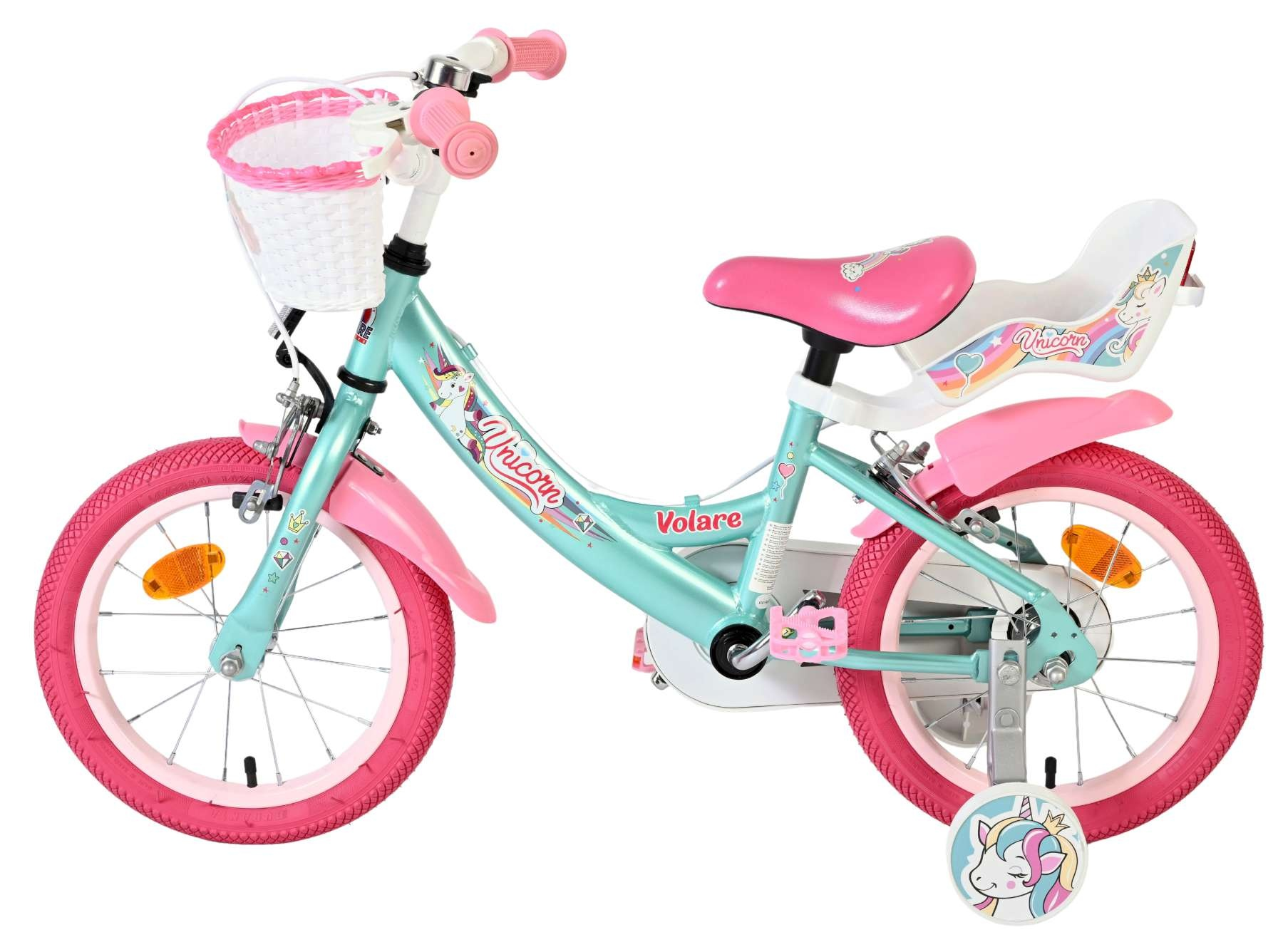 Türkisfarbenes Kinderfahrrad mit rosa Akzenten, Korb, Rücksitz und Einhorn-Motiv.