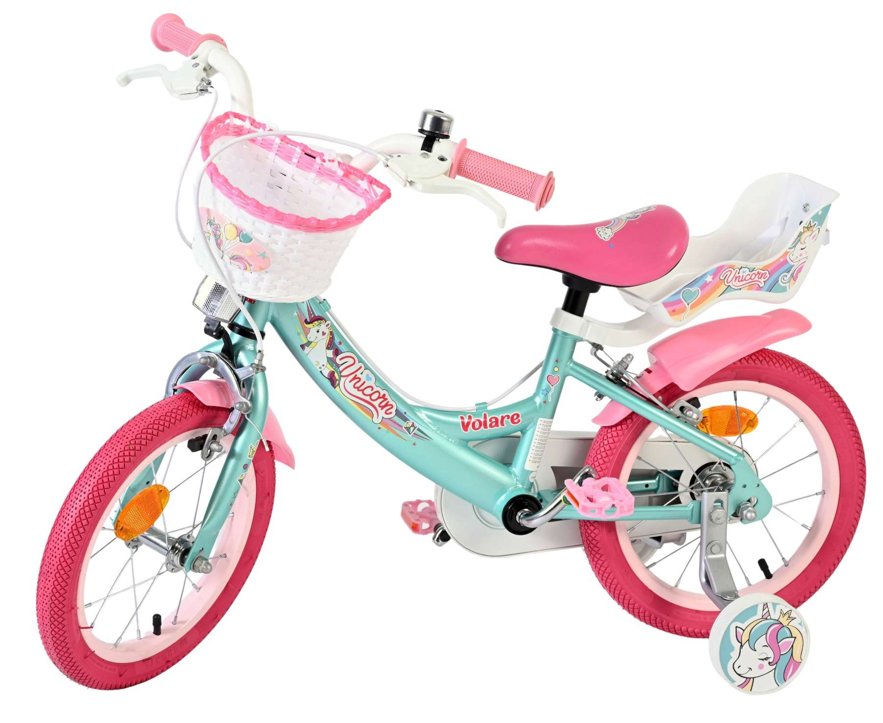 Ein türkisfarbenes Kinderfahrrad mit rosa Akzenten, einem Lenkerkorb und Stützrädern mit Einhorn-Motiv.