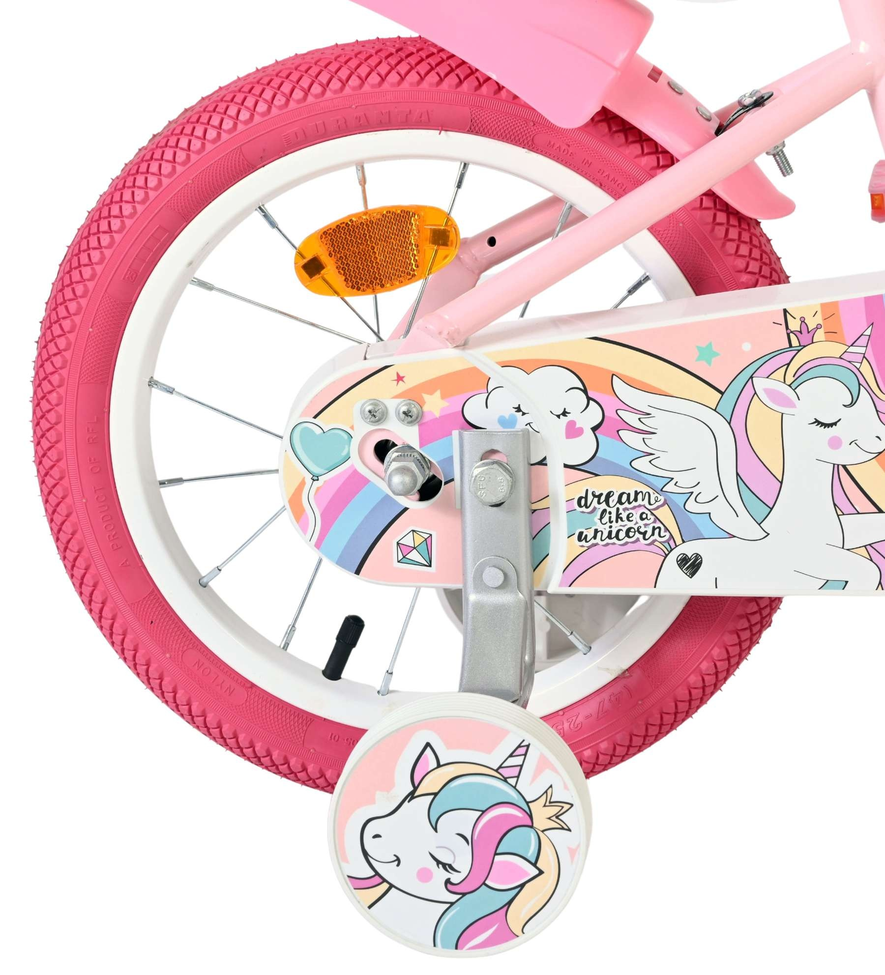 Ein pinkes Fahrrad mit Einhorn-Motiv und Stützrädern.