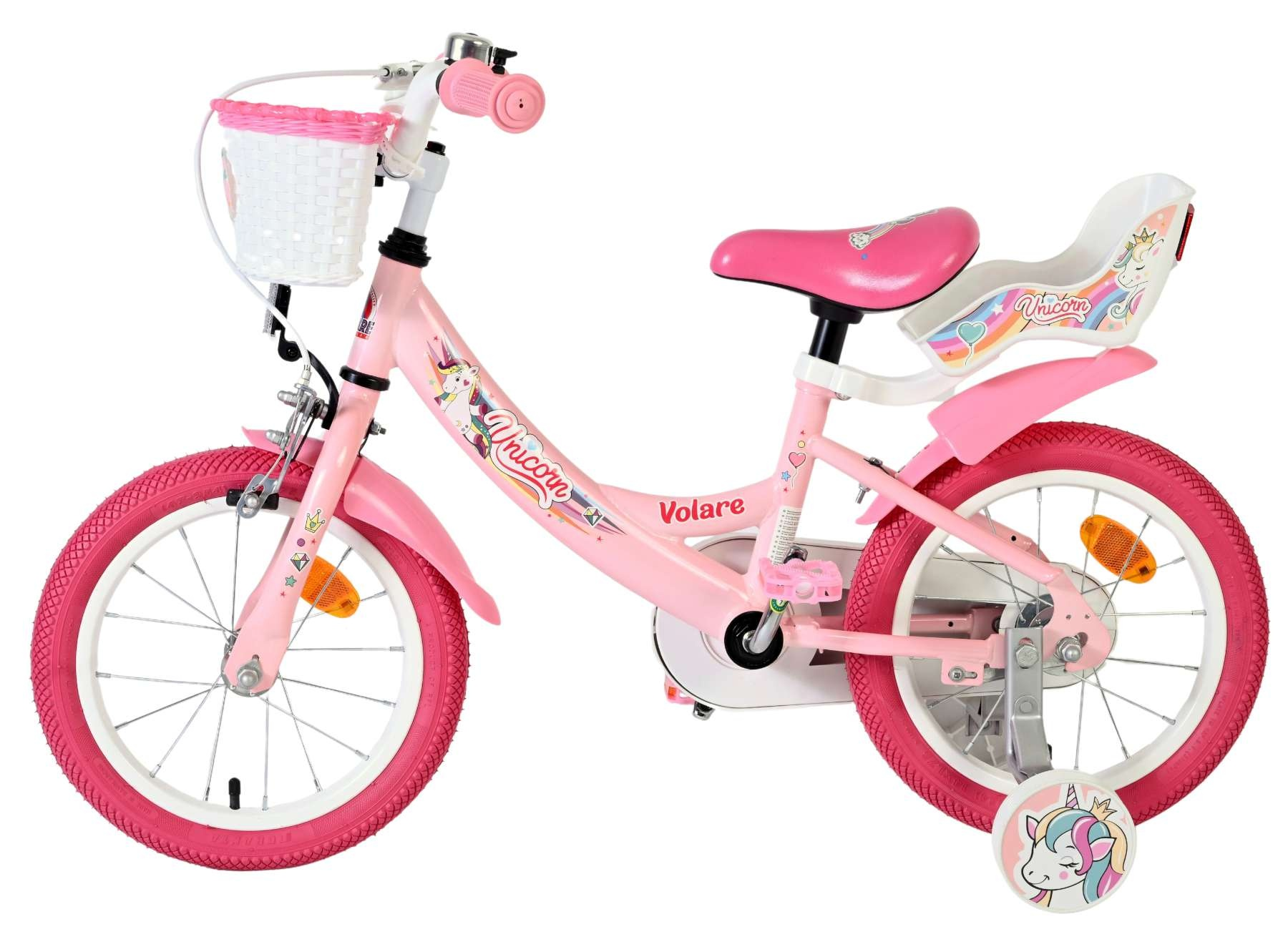 Ein rosa Kinderfahrrad mit Einhorn-Motiven, einem weißen Korb und Stützrädern.