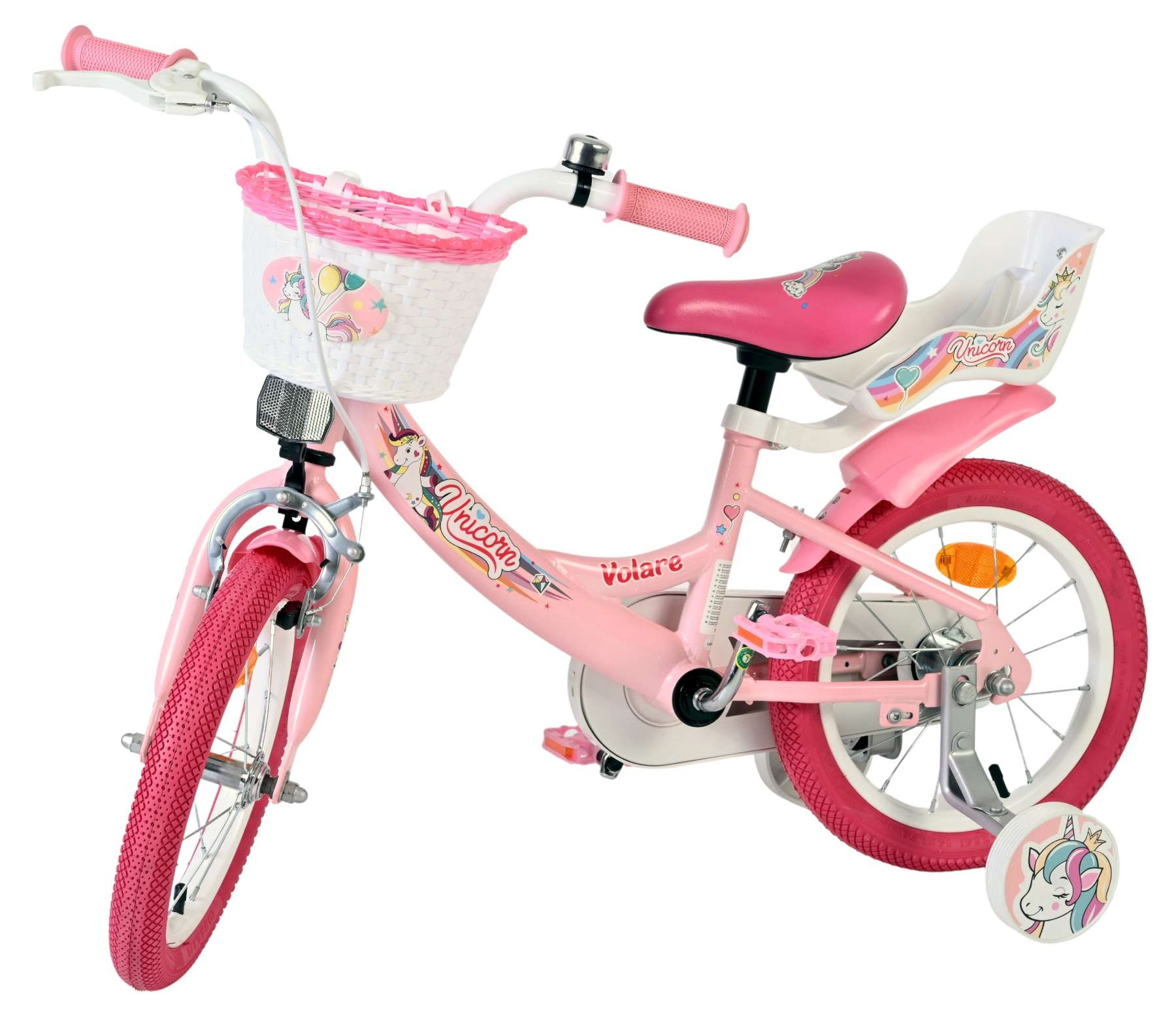 Ein rosa Kinderfahrrad mit Stützrädern und Einhorn-Motiven.