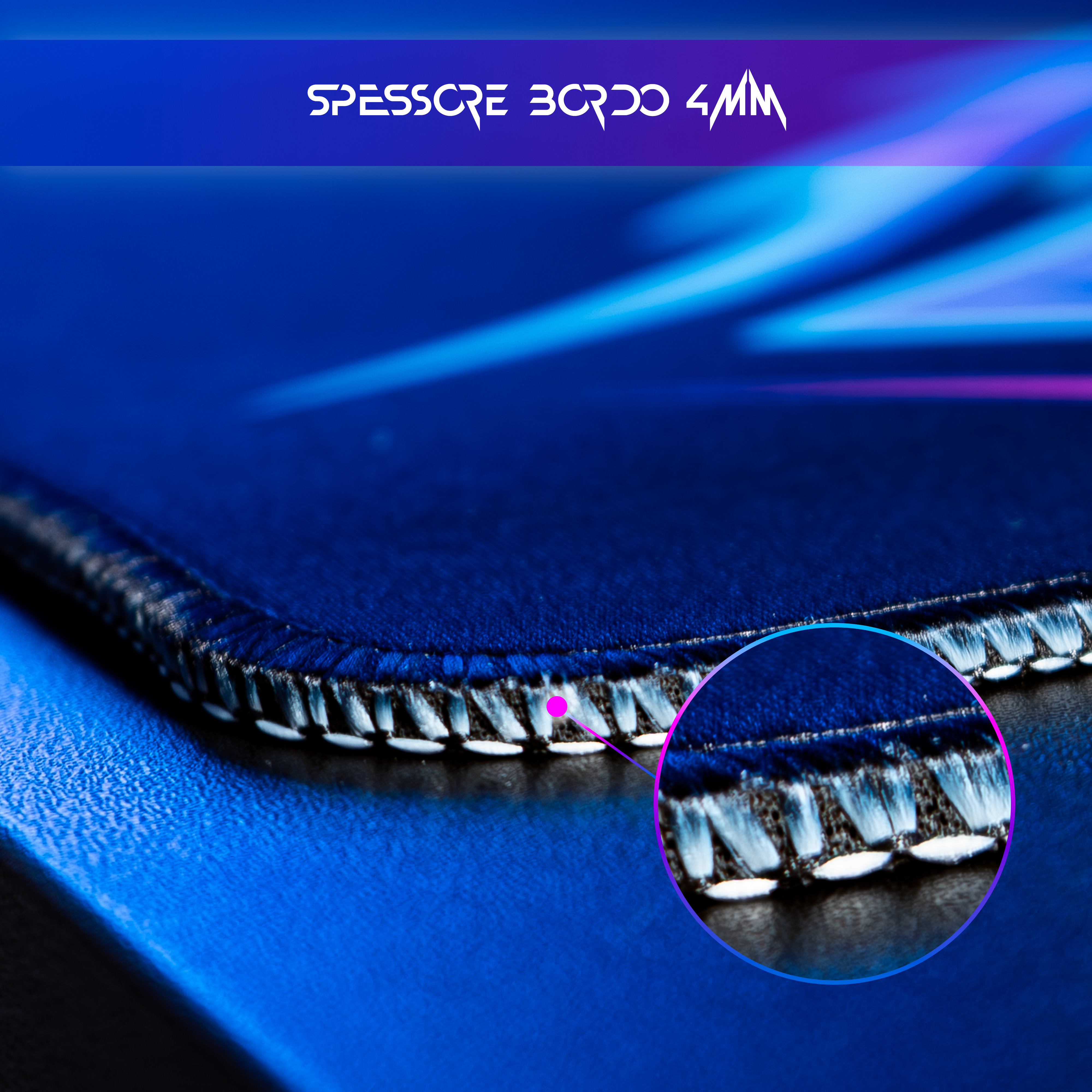 Tappetino per mouse blu con cucitura e lente d'ingrandimento che mostra 4 mm.
