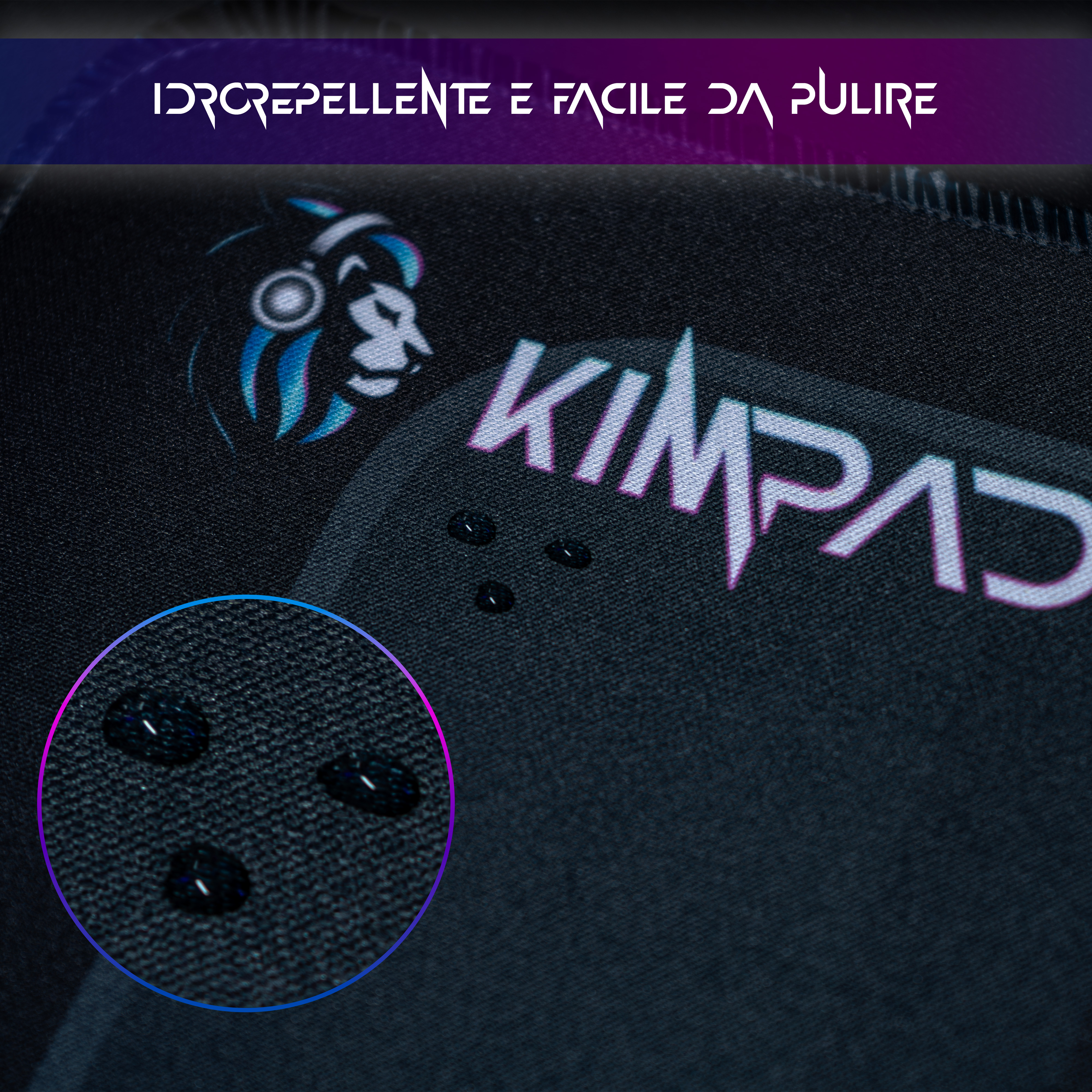 Gocce d'acqua su tessuto nero con logo AI e scritta KIMPAD.
