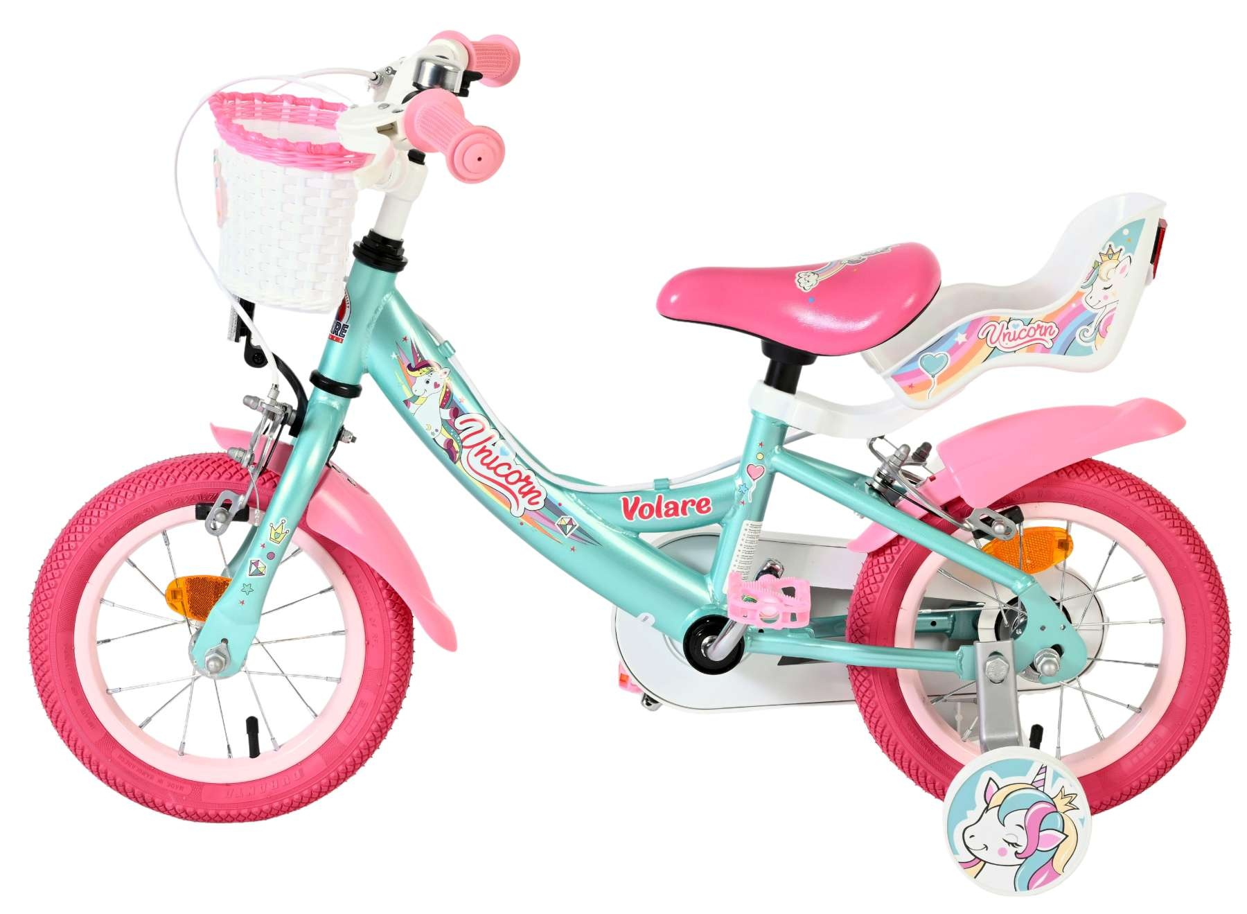 Türkis-rosa Kinderfahrrad mit Einhorn-Motiv, Korb und Kindersitz.