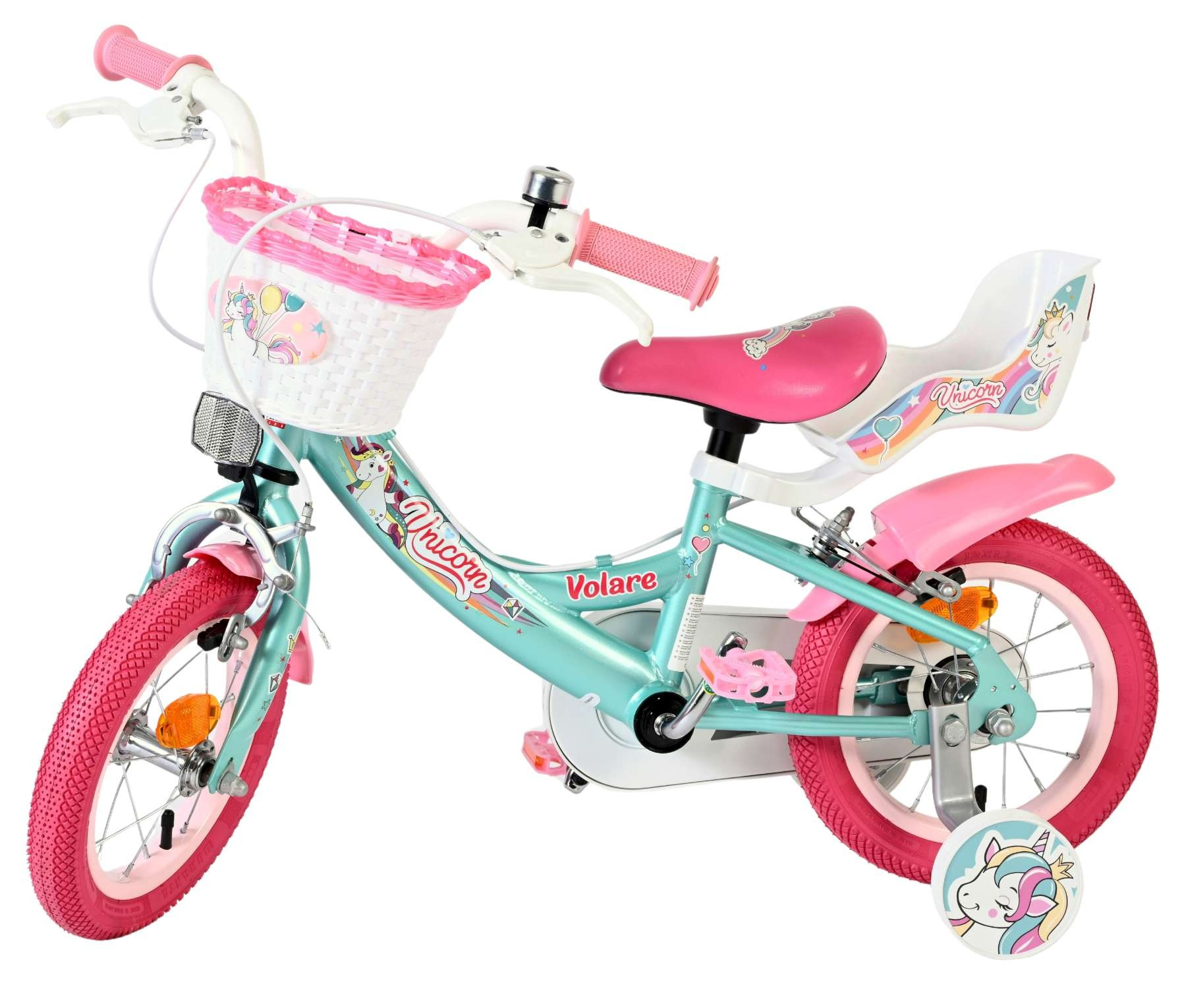 Ein mintgrünes Kinderfahrrad mit rosa Akzenten, Einhorn-Motiven und Stützrädern.