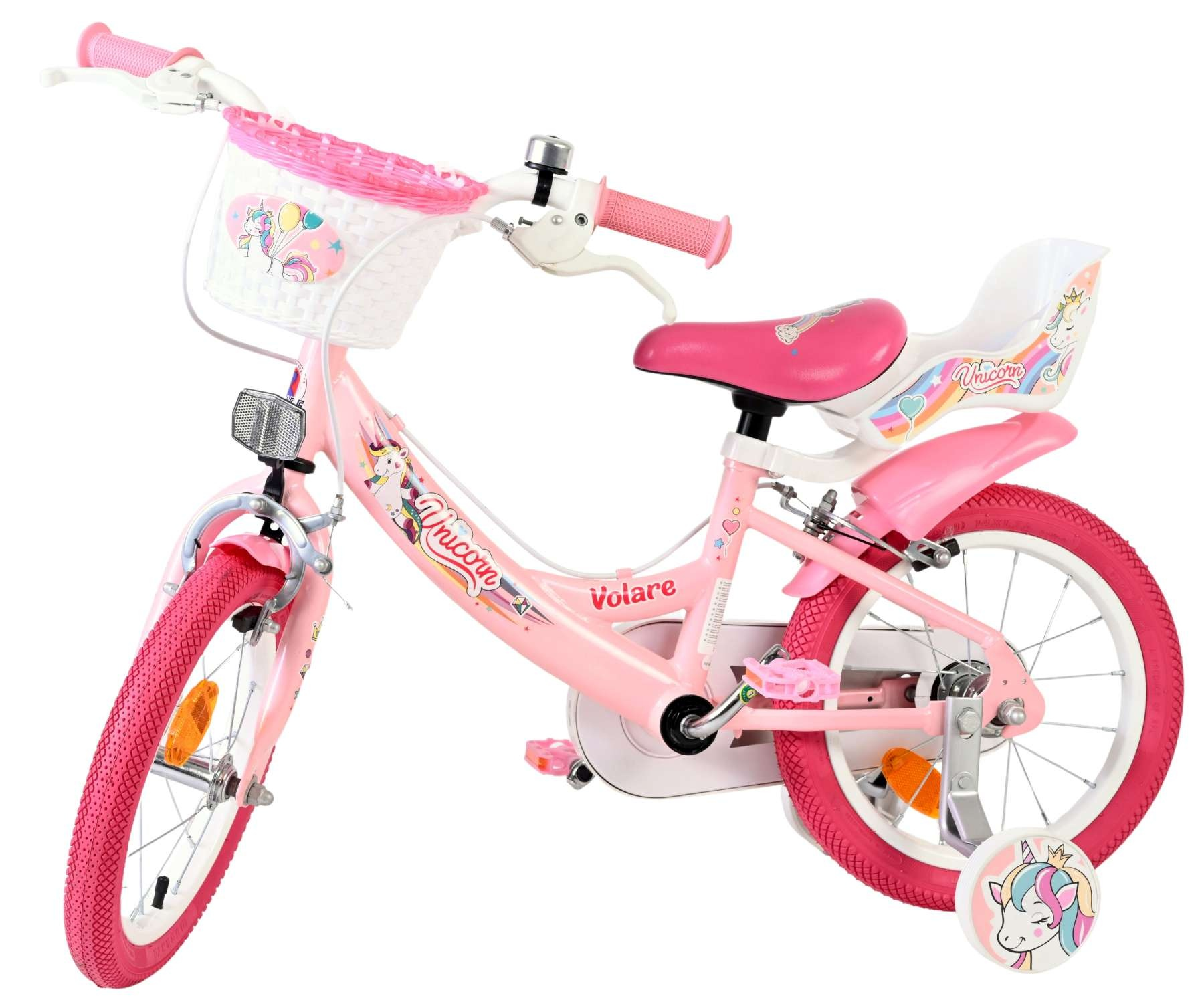 Ein pinkes Einhorn-Fahrrad mit Stützrädern und Korb.