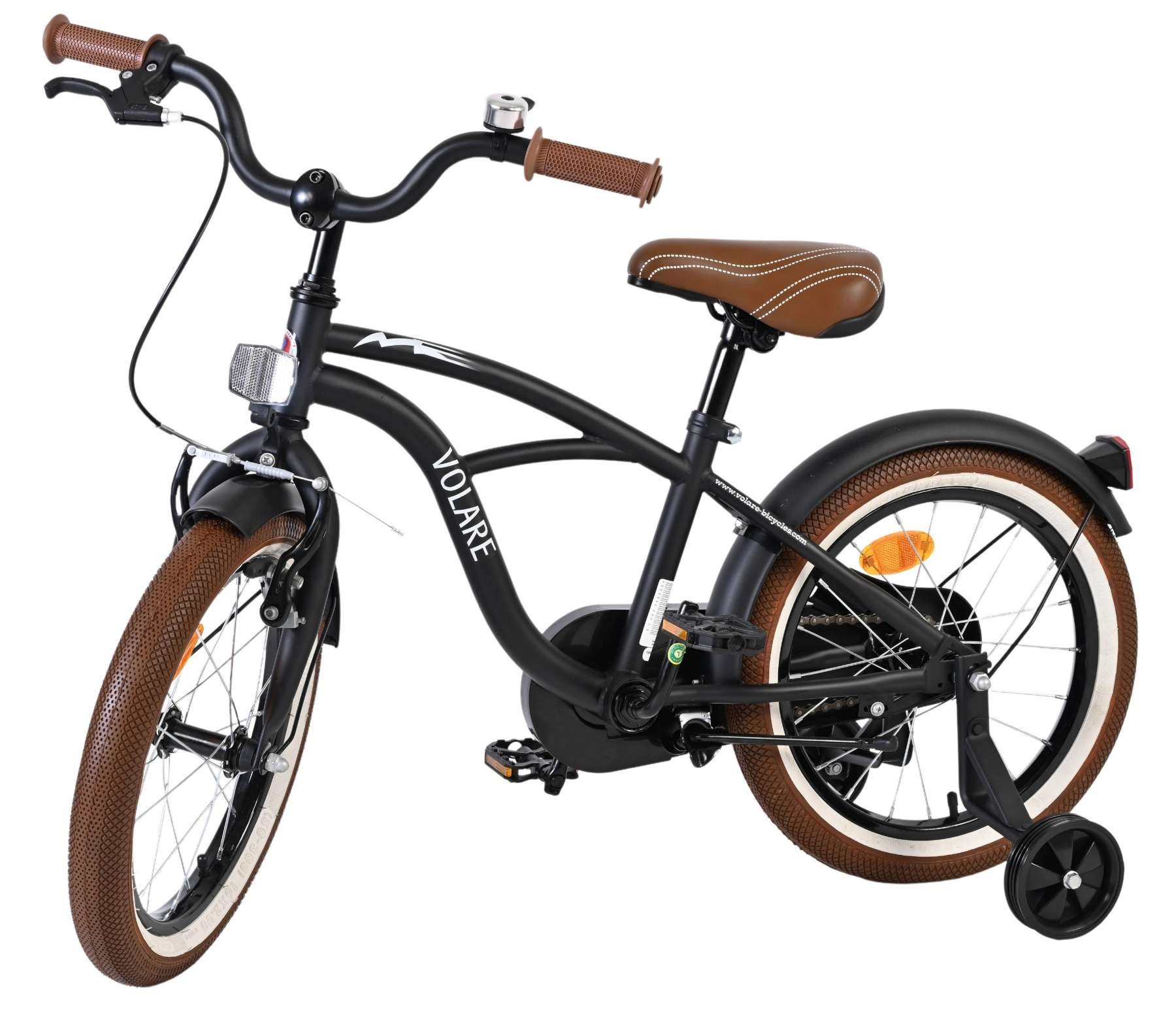 Ein schwarzes Kinderfahrrad mit braunen Reifen, Sitz und Griffen.