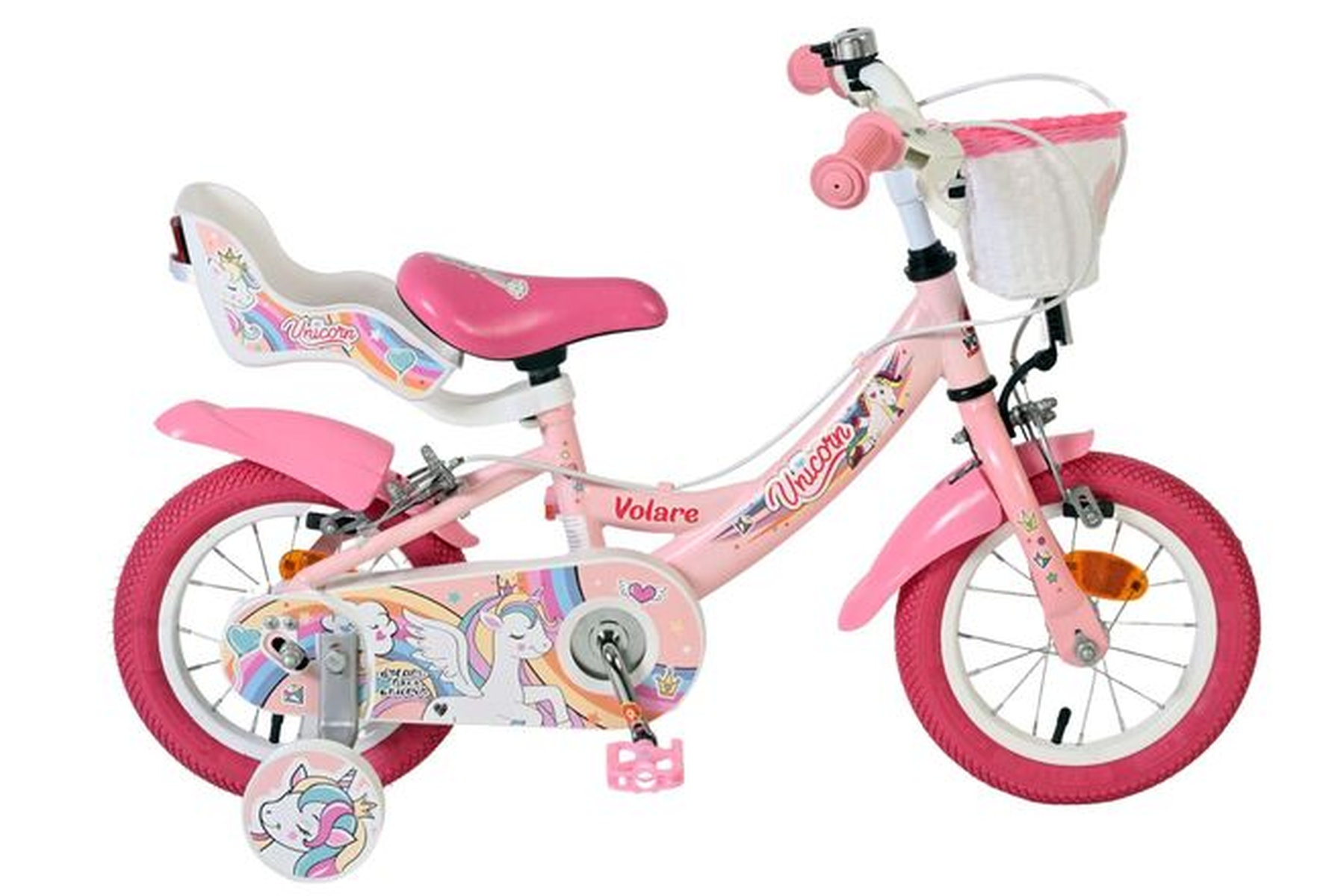 Ein rosa Kinderfahrrad mit Einhorn-Motiven, Stützrädern und einem weißen Korb.