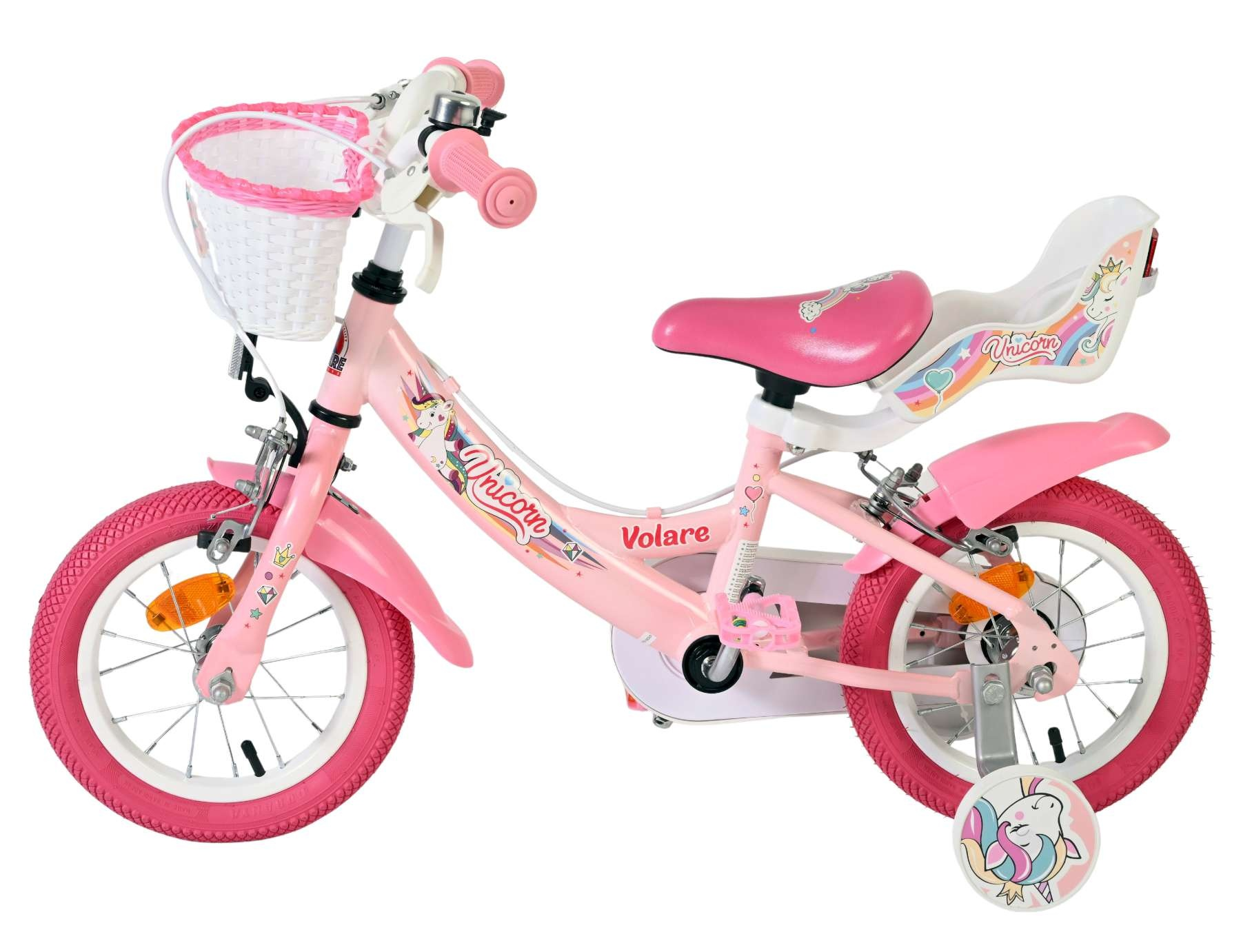 Ein rosa Kinderfahrrad mit Einhorn-Motiv und Stützrädern.