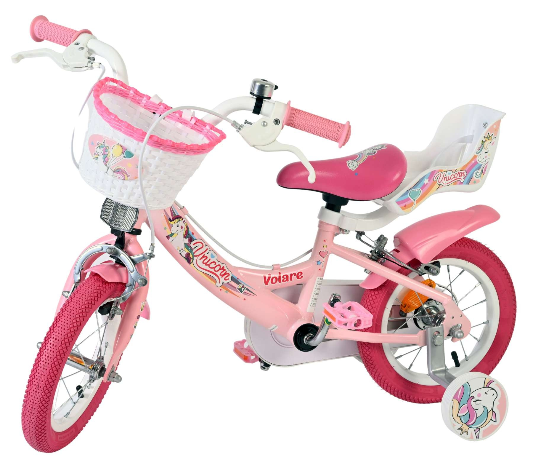 Ein rosa Kinderfahrrad mit Einhorn-Motiven, Korb und Stützrädern.