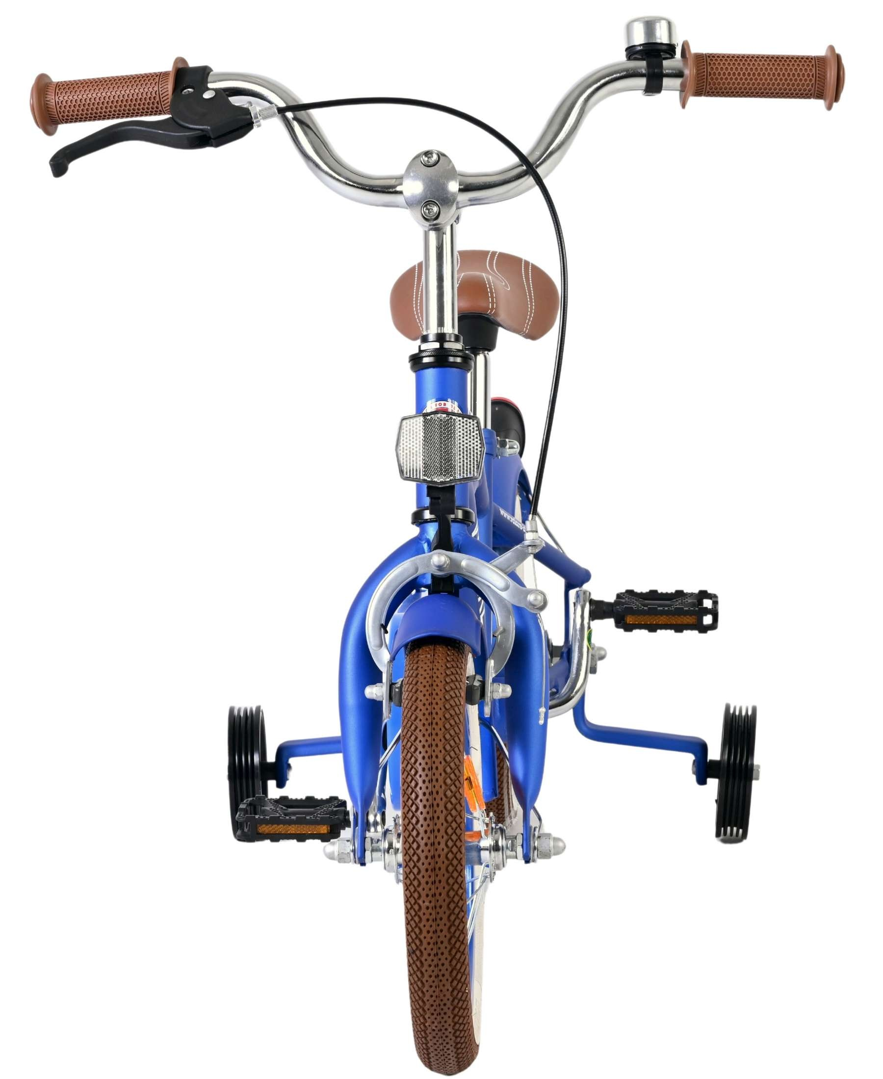 Blaues Kinderfahrrad mit braunen Griffen, Sattel, Rädern und Stützrädern.