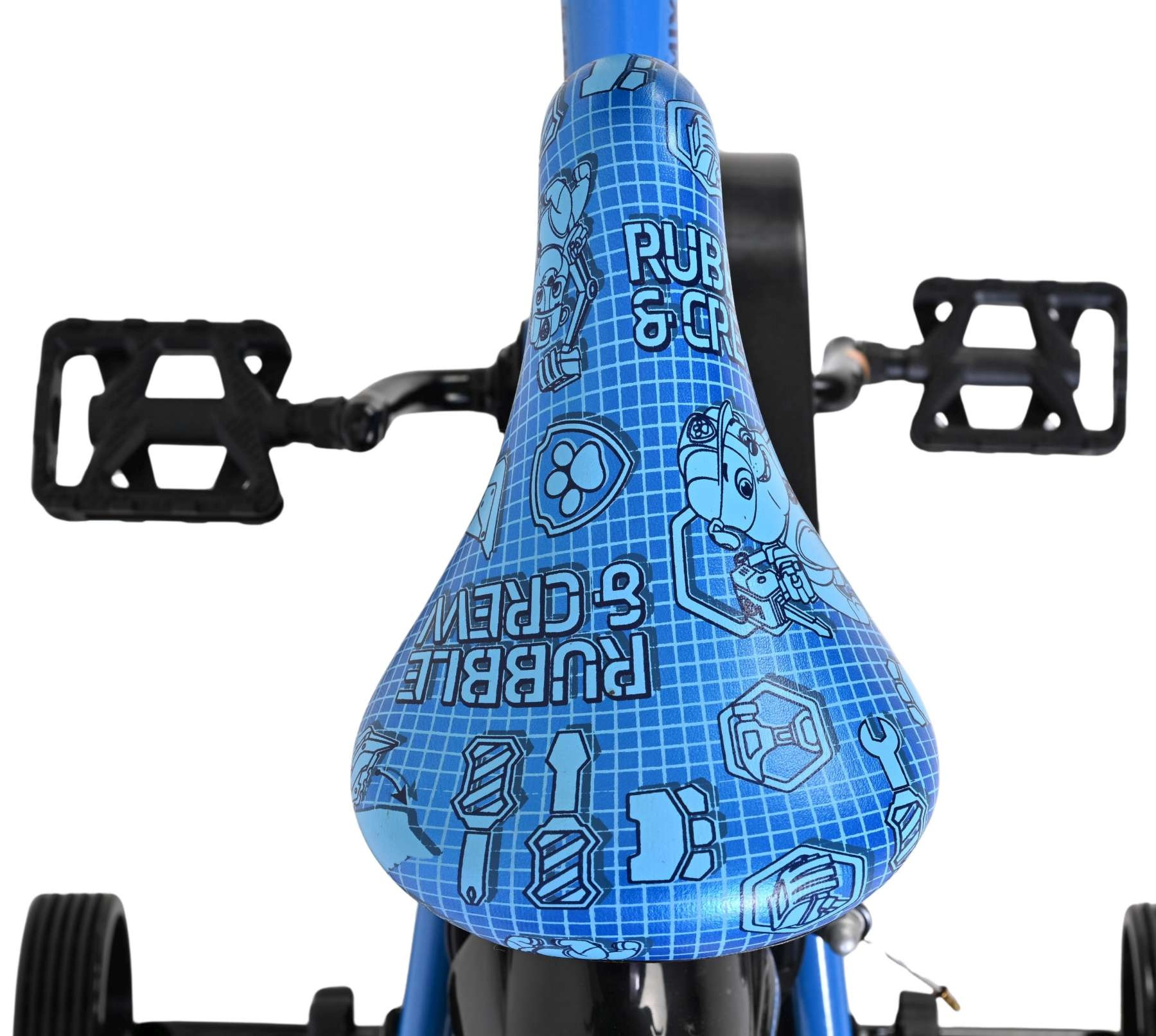 Blauer Fahrradsitz mit Paw Patrol-Motiv und Pedalen.