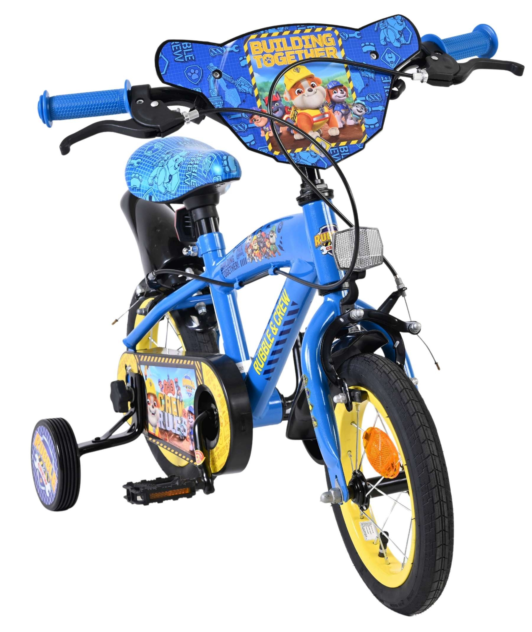 Blaues Kinderfahrrad mit Paw Patrol Motiv, Stützrädern und gelben Felgen.