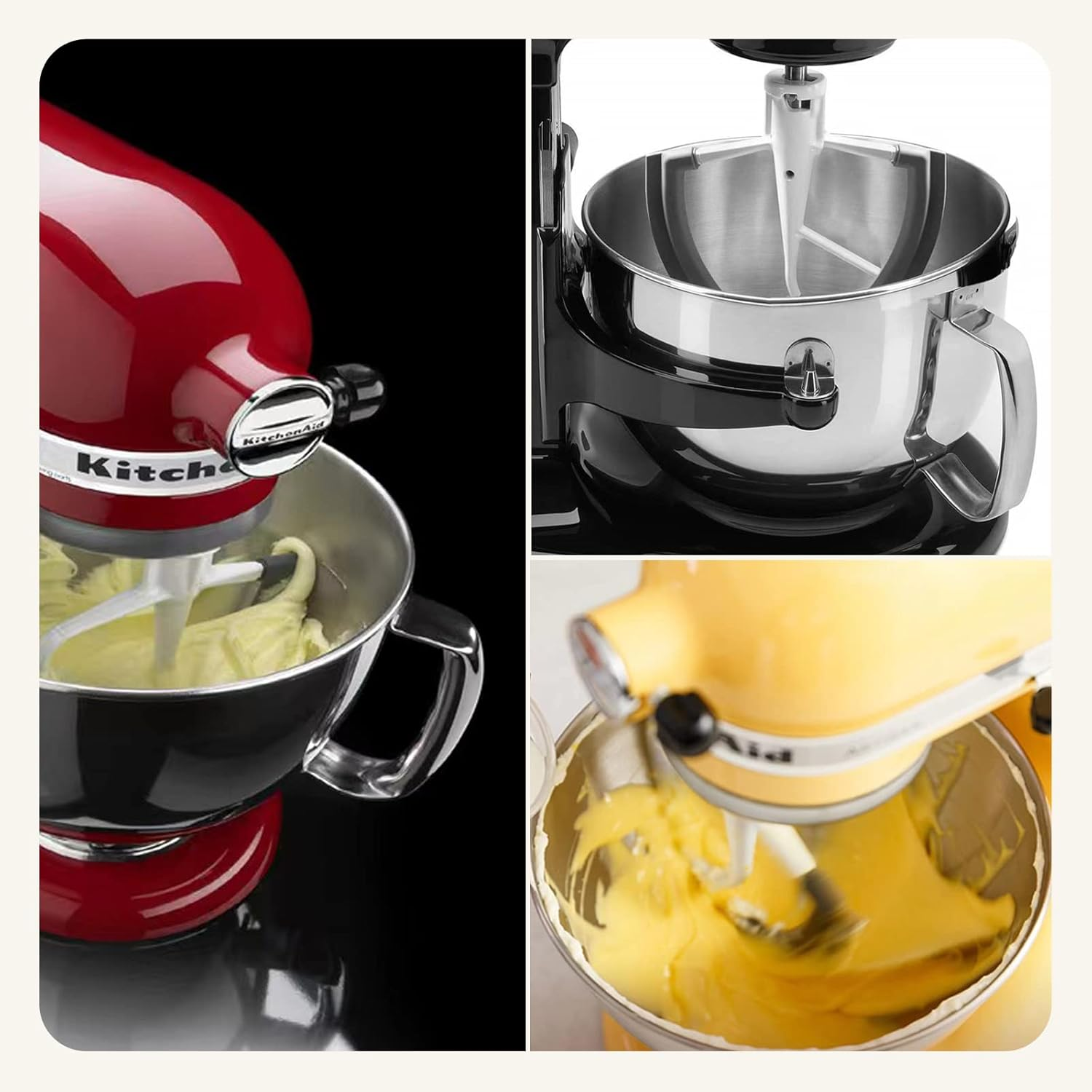 Ein roter und ein gelber Küchenmaschinen-Mixer mit Teig in der Schüssel.