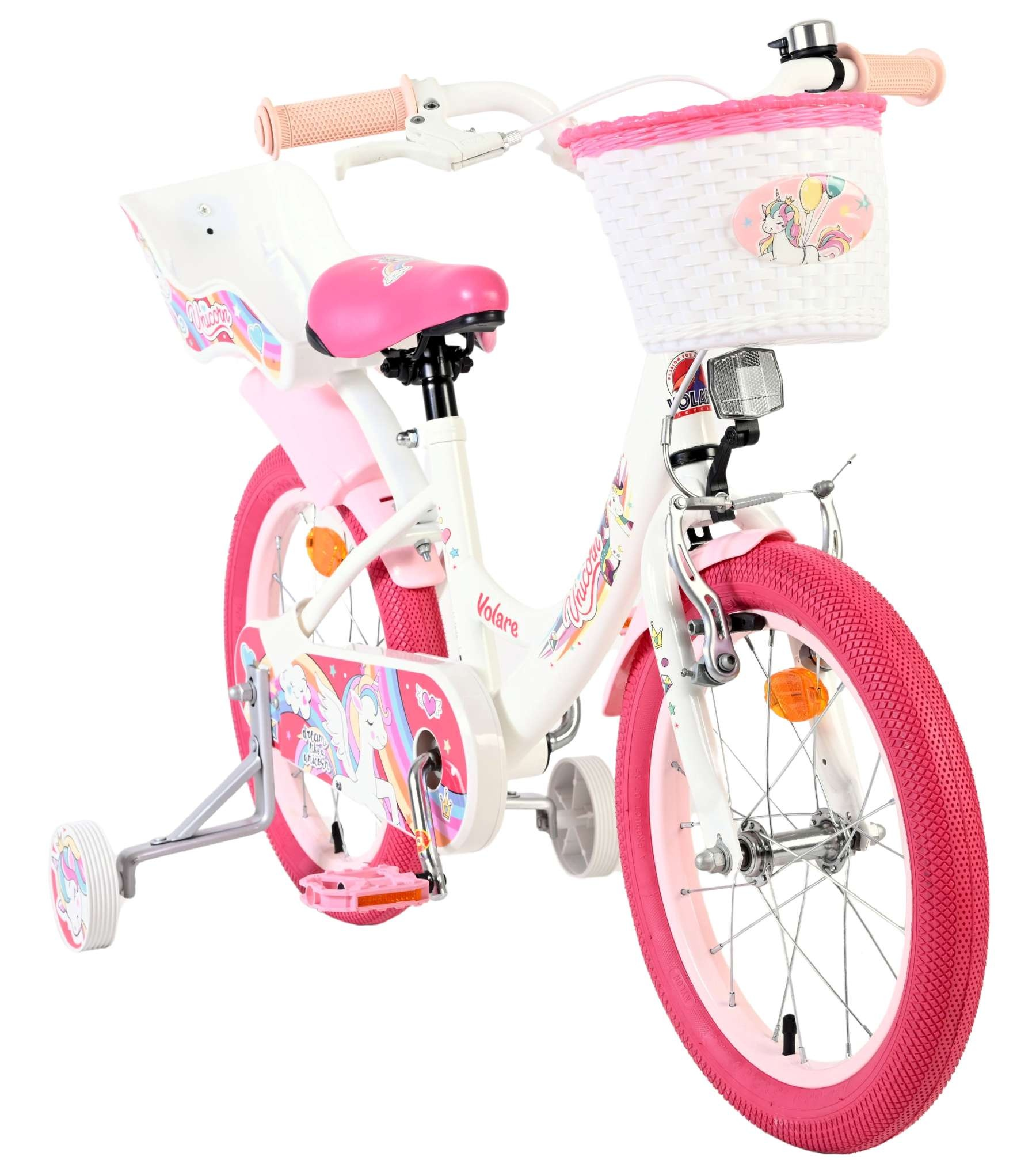 Ein weiß-pinkes Fahrrad mit Einhorn-Aufklebern und Stützrädern.