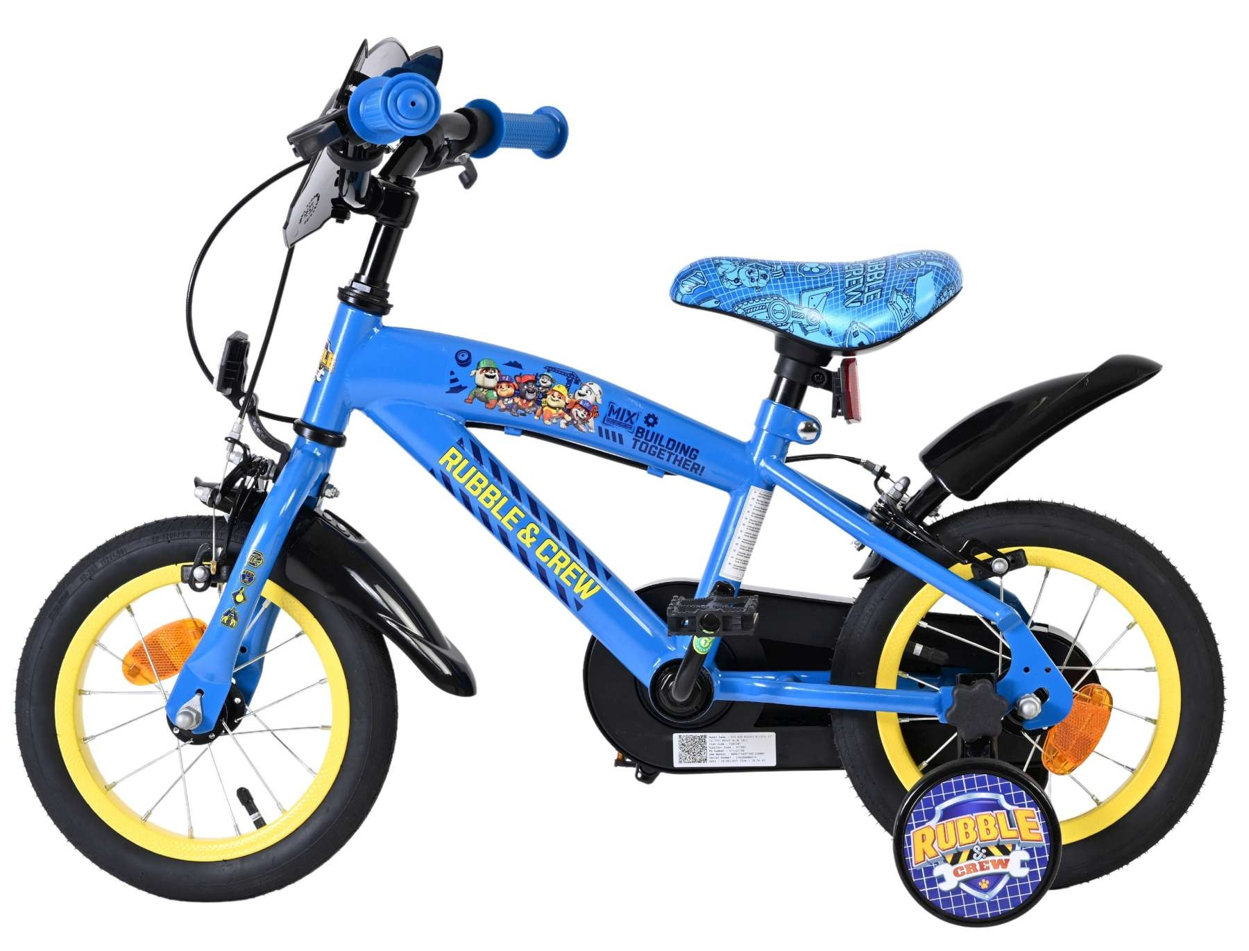 Ein blaues Kinderfahrrad mit gelben Felgen und Paw Patrol-Motiven.