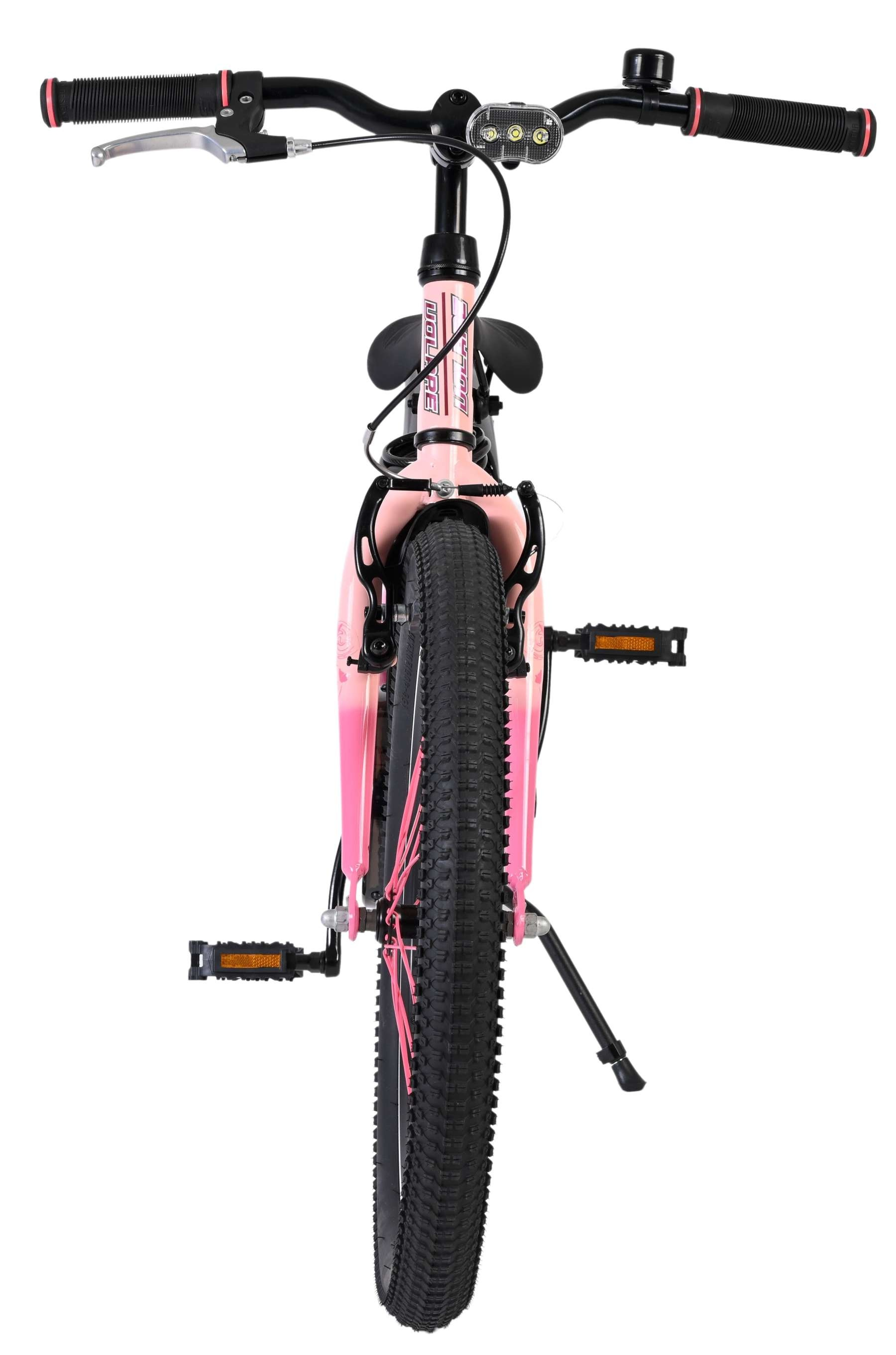 Rosa Fahrrad mit schwarzem Lenker, Licht und Klingel.