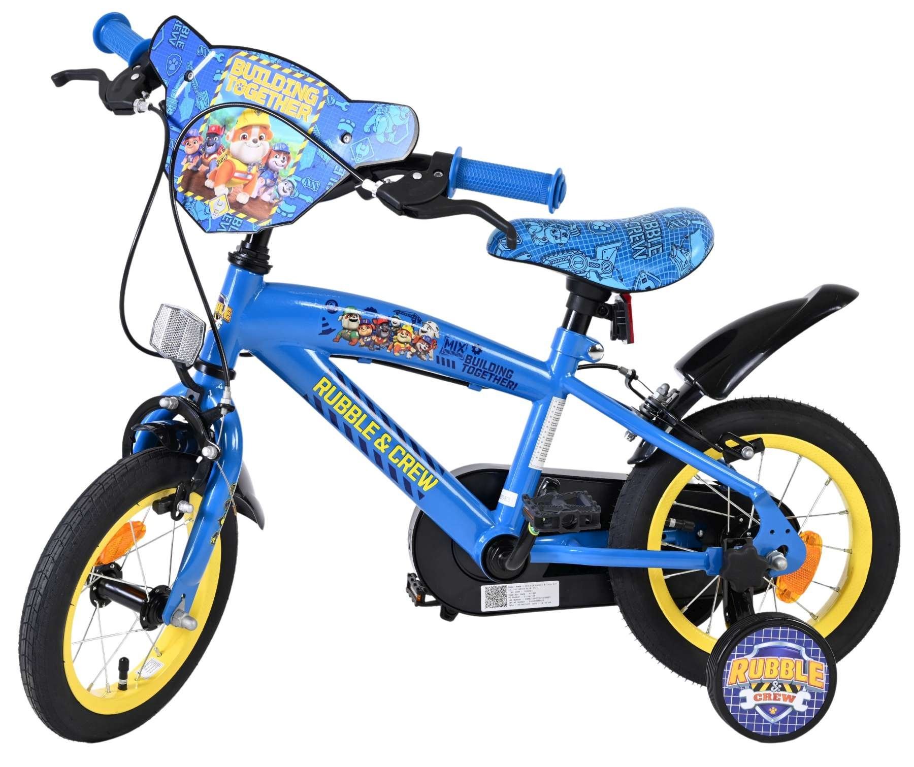 Ein blaues Kinderfahrrad mit gelben Felgen und Paw Patrol-Motiven.