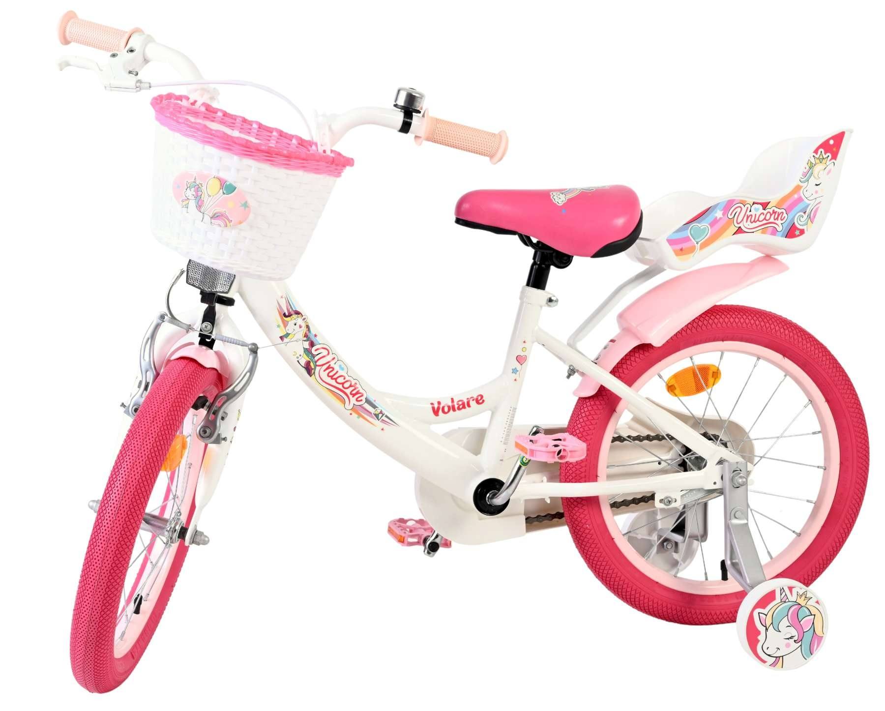 Weißes und pinkes Einhorn-Fahrrad mit Stützrädern, Korb und Sitz.