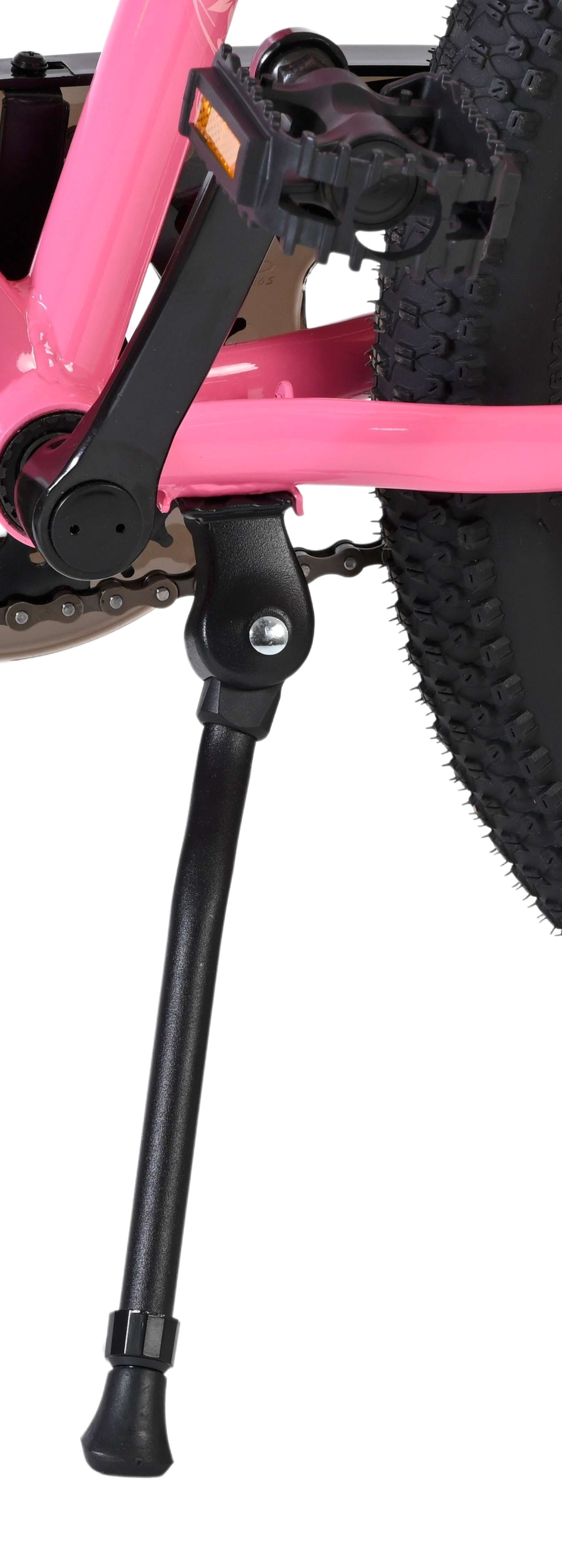Nahaufnahme einer pinken Fahrradgabel mit schwarzem Seitenständer und Reifen.
