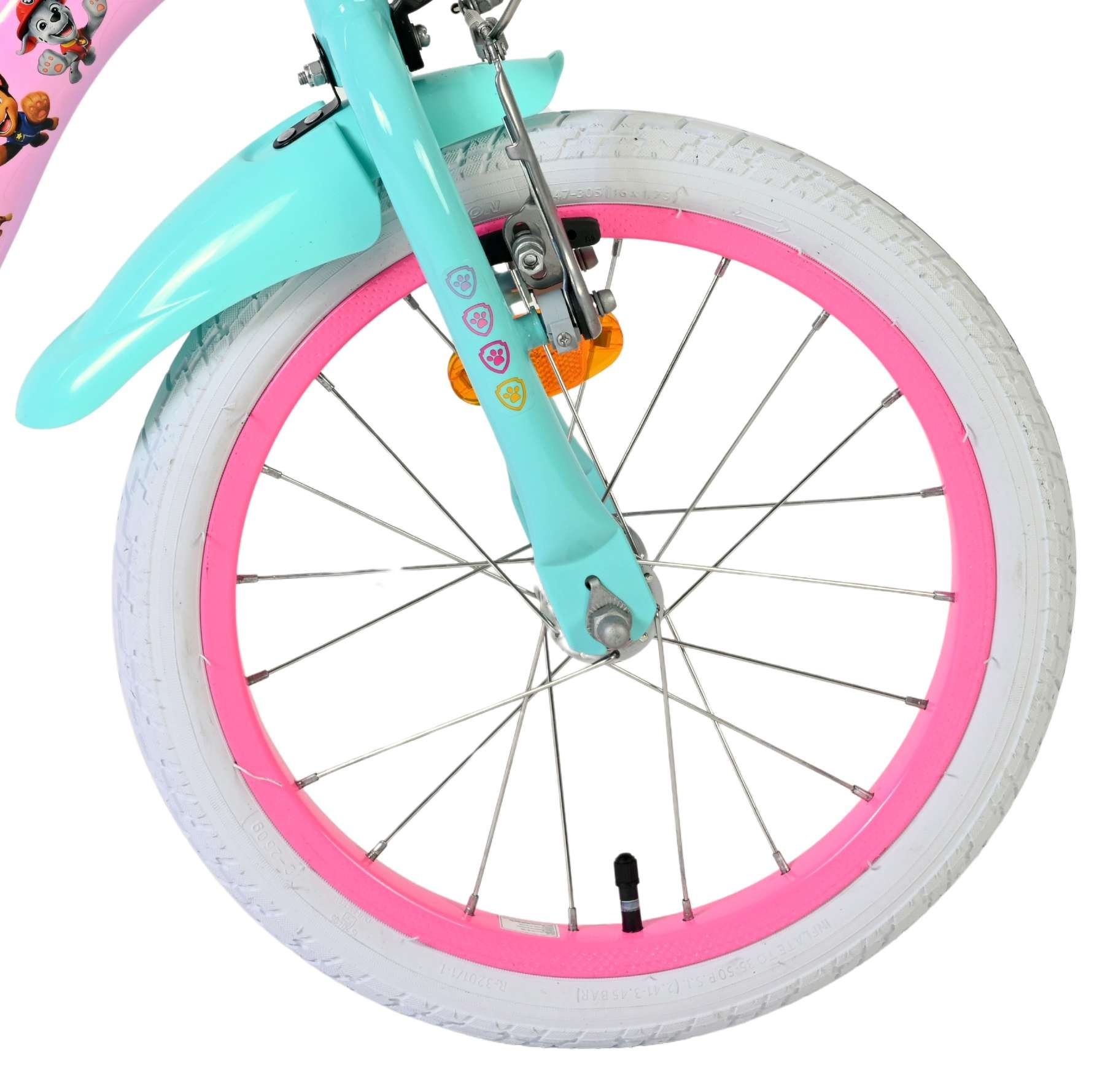 Fahrradgabel in Türkis mit pinkem Felgenrad, weißem Reifen und Paw Patrol Aufklebern.
