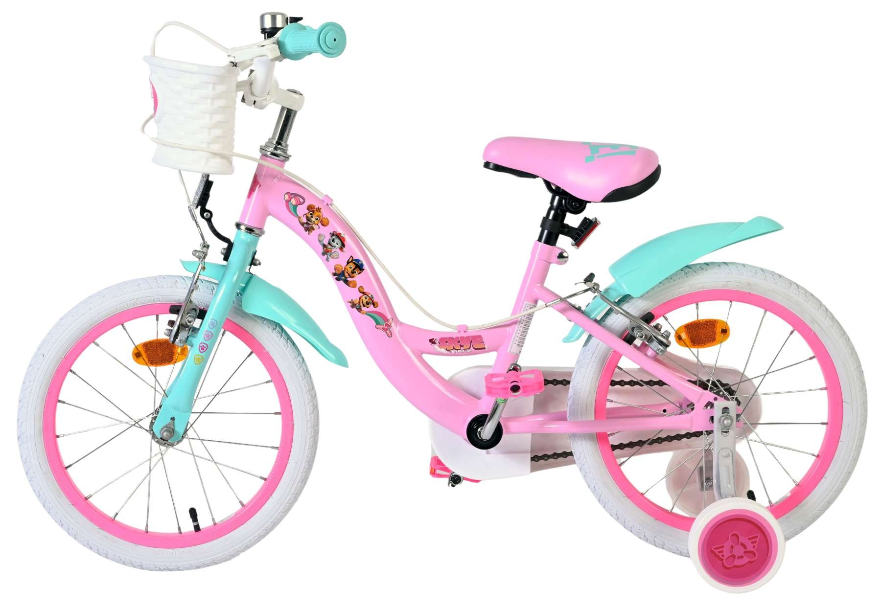 Rosa und petrolfarbenes Kinderfahrrad mit Paw Patrol-Grafiken, weißem Korb und Stützrädern.