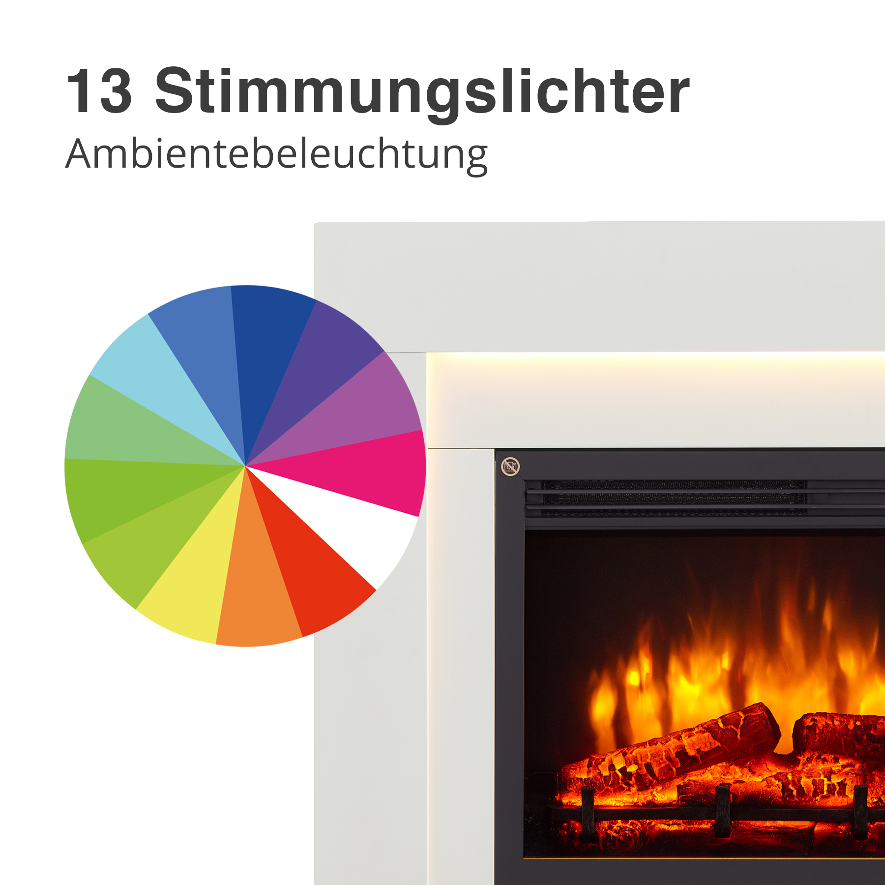 Ein Farbkreis neben einem Kamin mit Flammen und Holzscheiten.