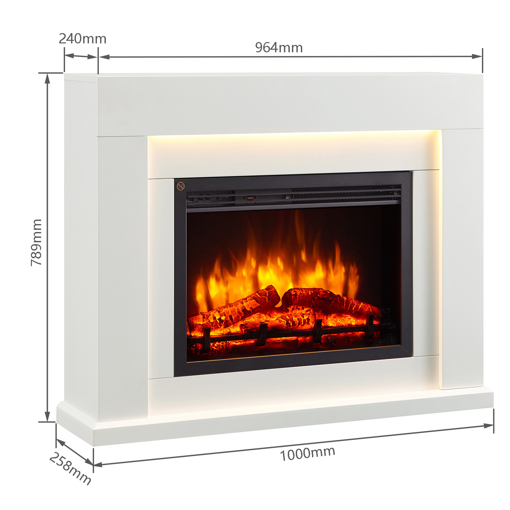 Weißer Kaminsims mit elektrischem Feuer und Maßen.