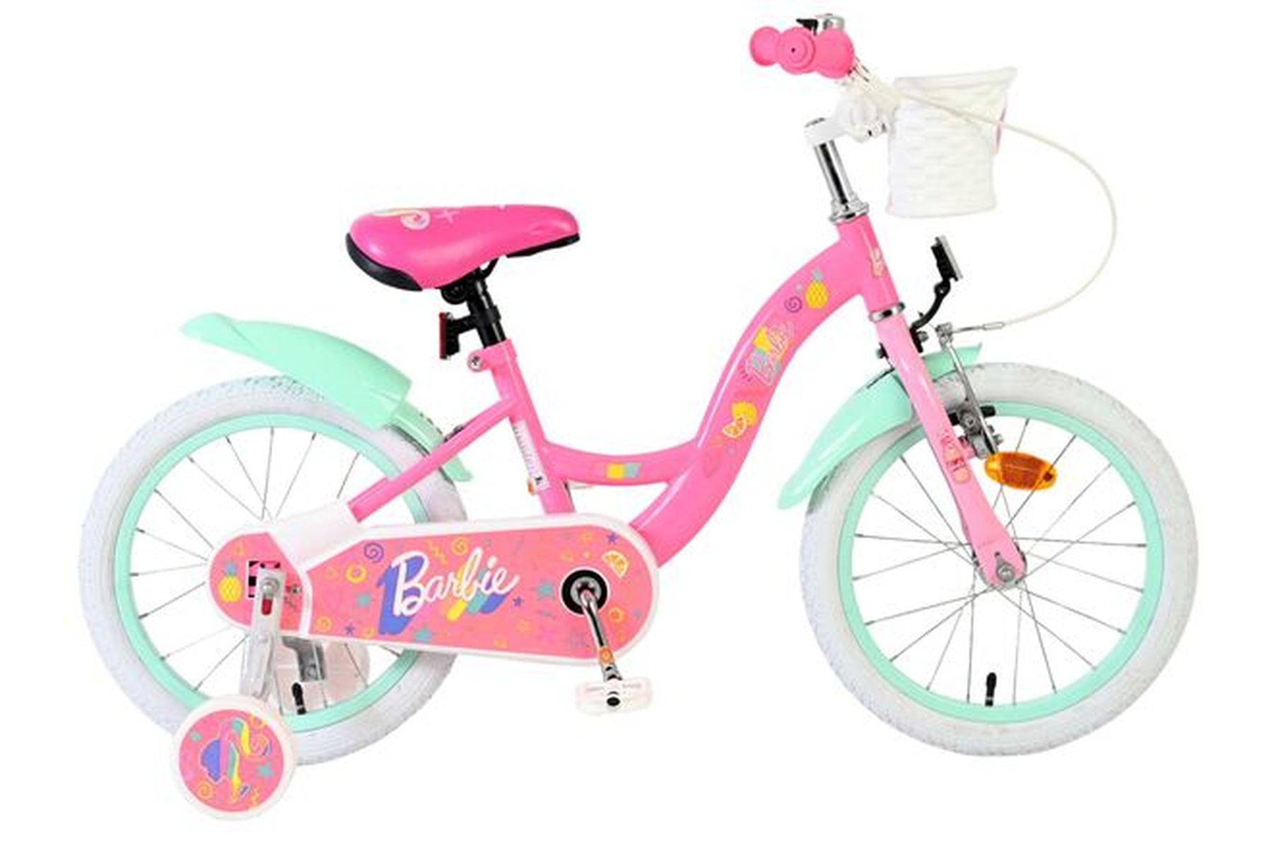 Ein pinkes Barbie-Fahrrad mit mintgrünen Schutzblechen und weißen Reifen.