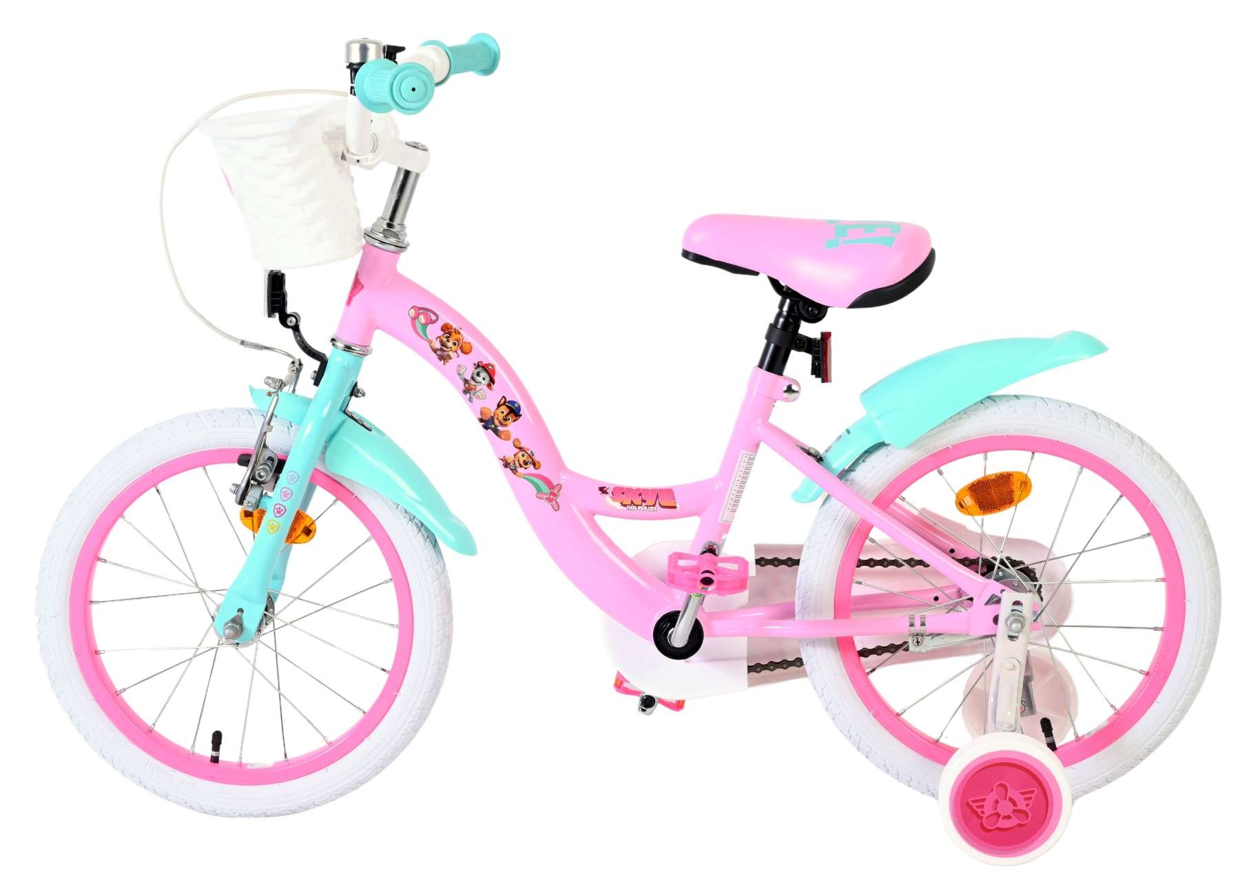 Ein pinkes Kinderfahrrad mit mintgrünen Akzenten, Paw Patrol-Motiven und Stützrädern.