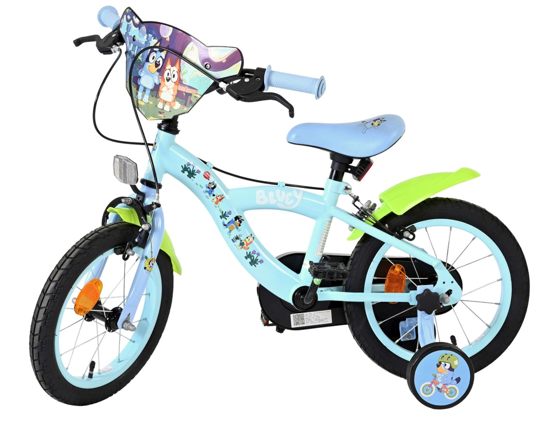 Helles blaues Kinderfahrrad mit Bluey-Motiven und Stützrädern.