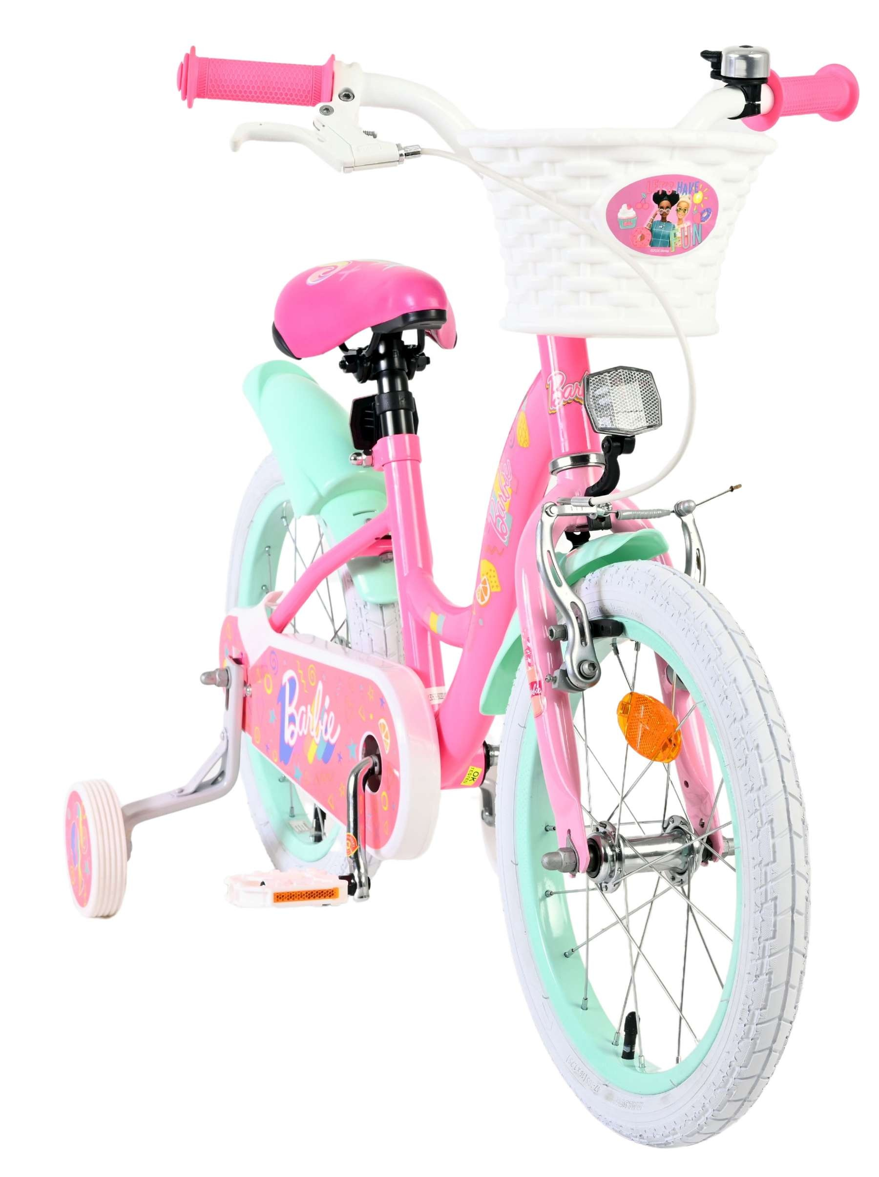 Ein pinkes Barbie-Fahrrad mit Stützrädern, weißem Korb und mintgrünen Akzenten.