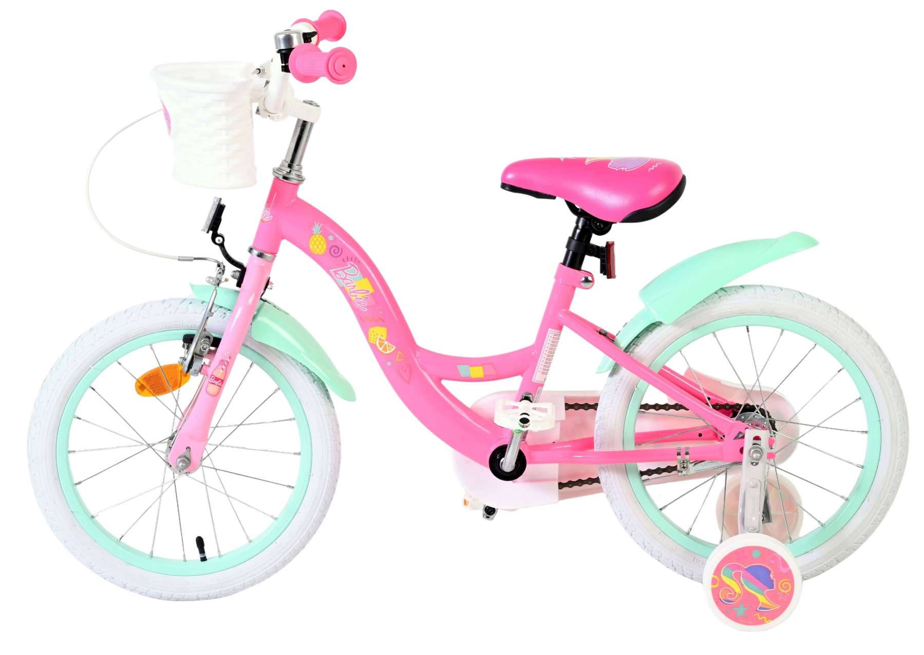 Rosa Barbie-Fahrrad mit weißem Korb, mintgrünen Schutzblechen und weißen Reifen.