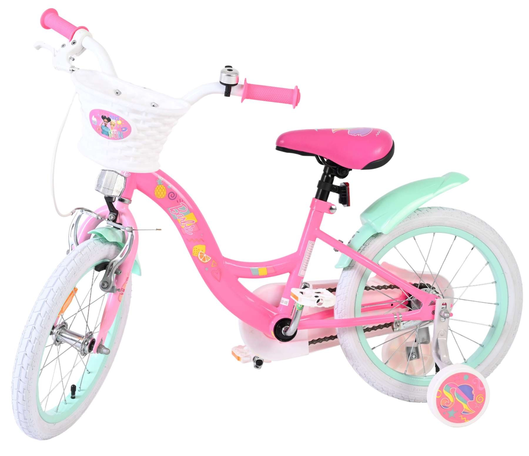Ein pinkes Barbie-Fahrrad mit weißem Korb, Mintgrün-Akzenten und Stützrädern.