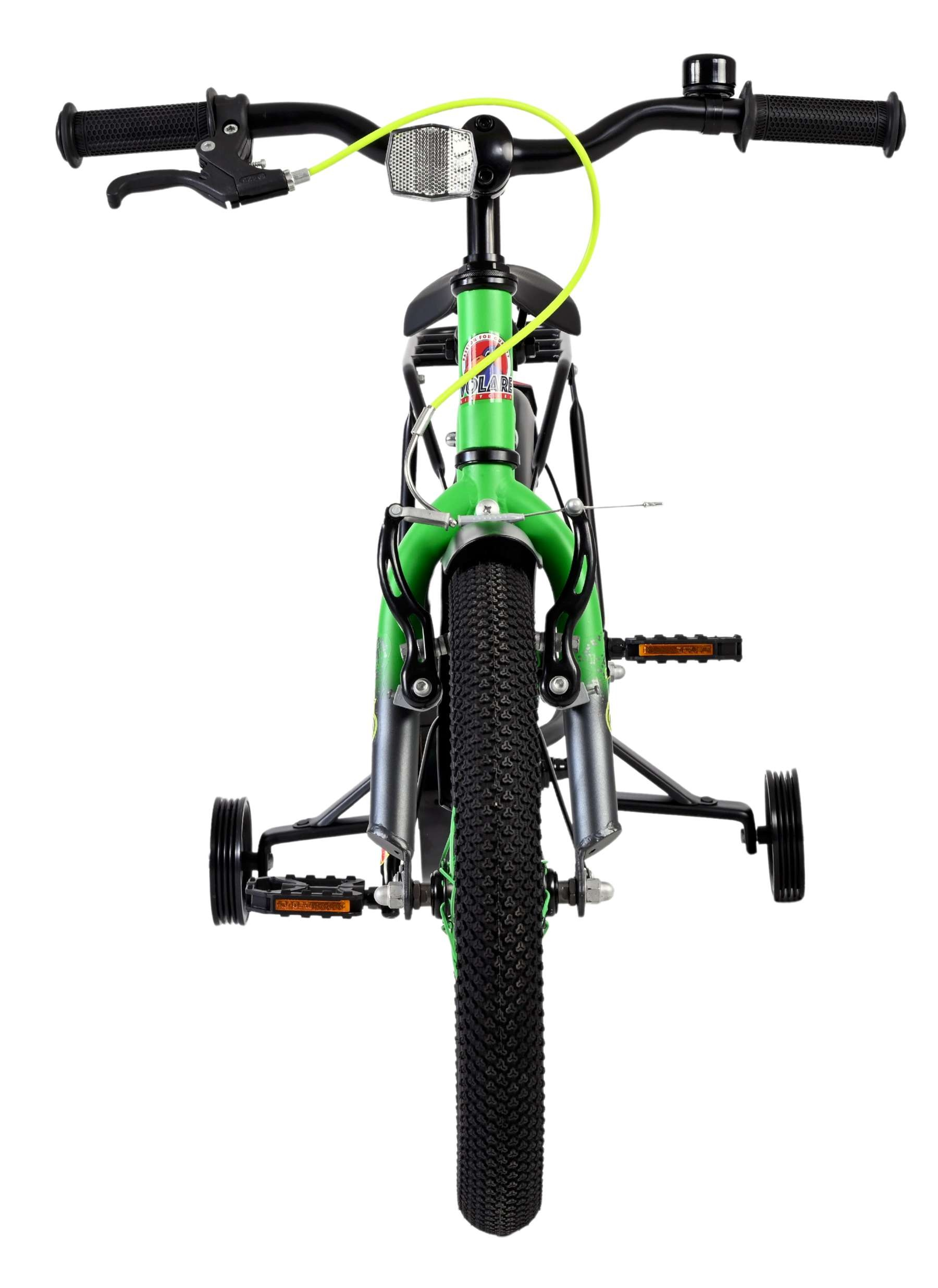Grünes Kinderfahrrad mit Stützrädern, Vorderansicht.