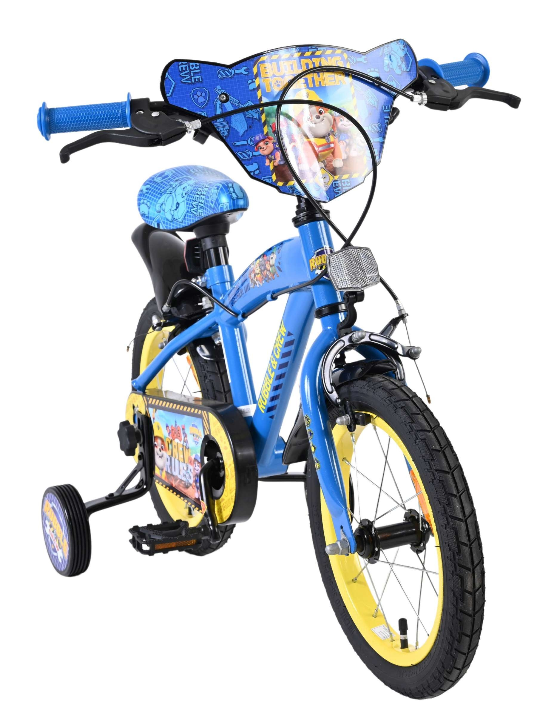 Ein blaues Kinderfahrrad mit Stützrädern und Paw Patrol-Motiven.