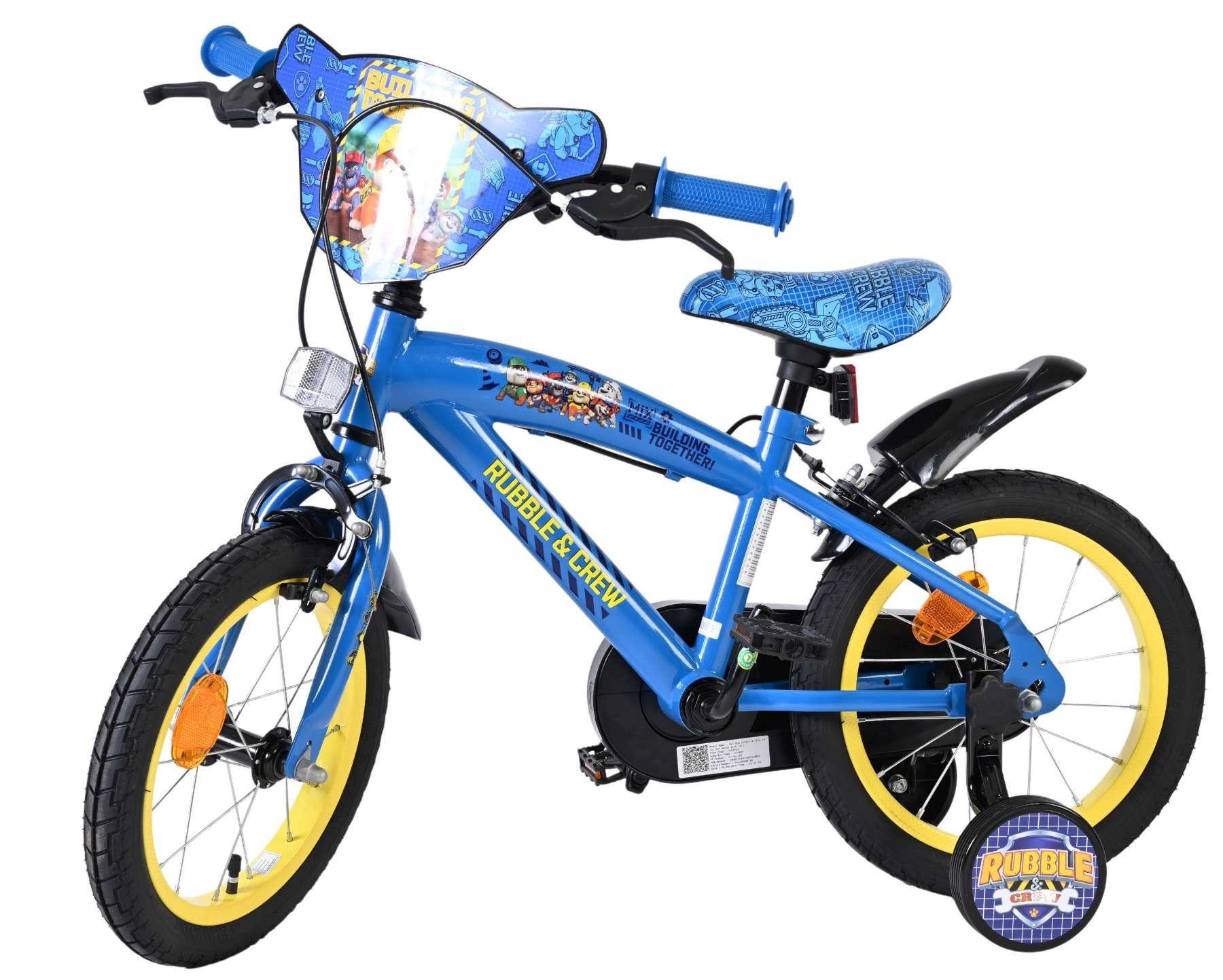 Ein blaues Kinderfahrrad mit gelben Felgen, "Rubble & Crew" Aufdruck und Stützrädern.