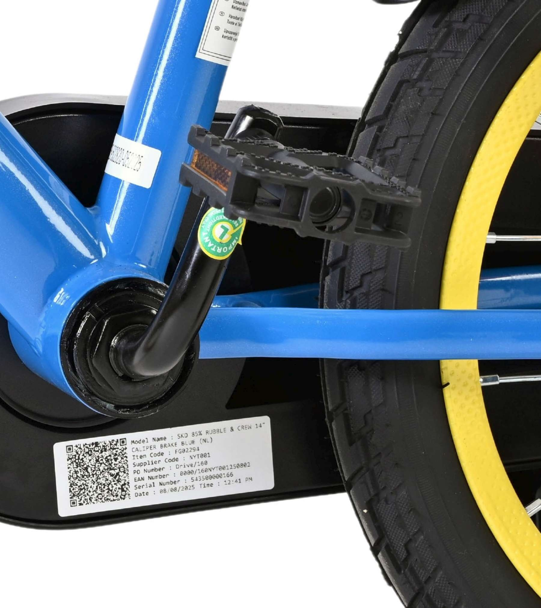 Blauer Fahrradrahmen mit schwarzem Pedal, Reifen und gelbem Felgenband.