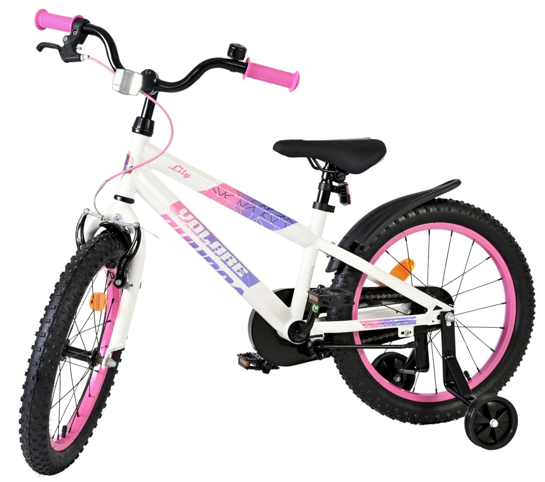 Ein weißes Kinderfahrrad mit rosa Akzenten und Stützrädern.