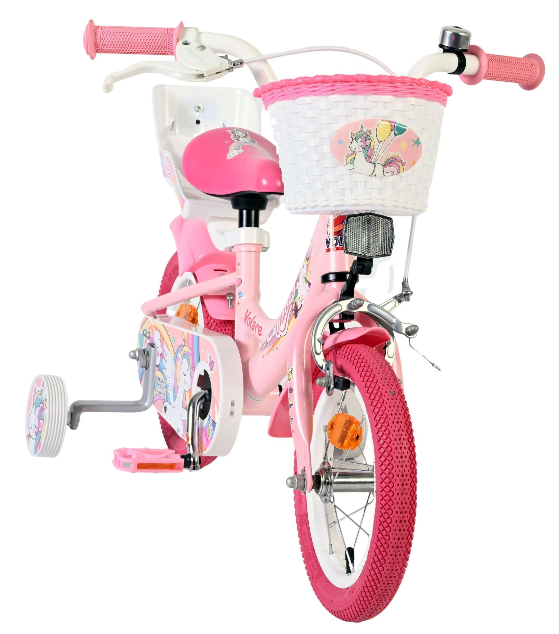 Ein rosafarbenes Kinderfahrrad mit Stützrädern, einem weißen Korb und Einhorn-Motiven.