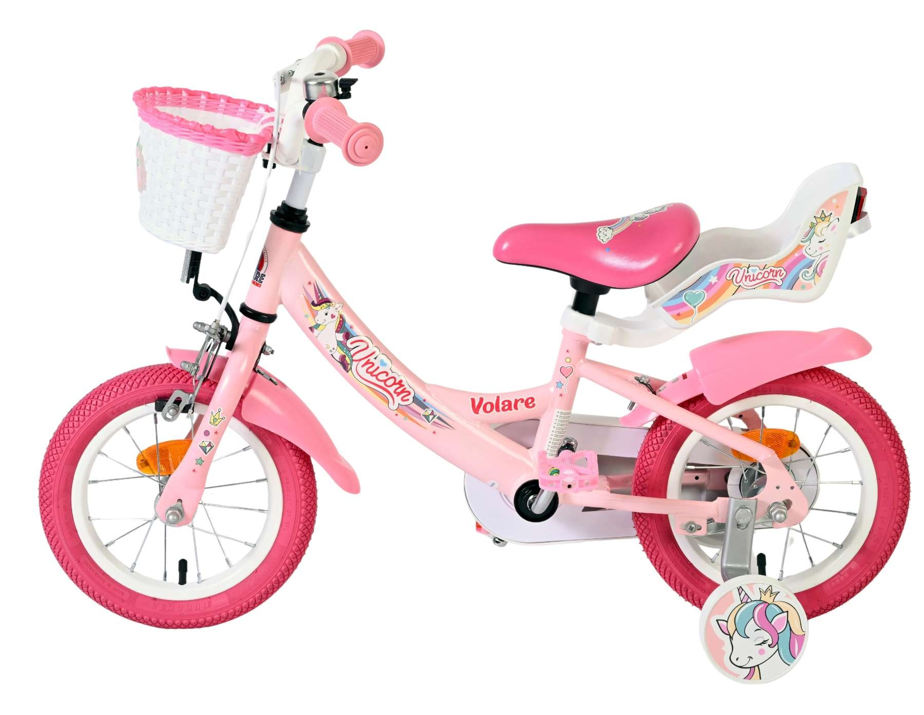 Ein rosafarbenes Kinderfahrrad mit weißen Trainingsrädern, Korb und Einhorn-Motiven.
